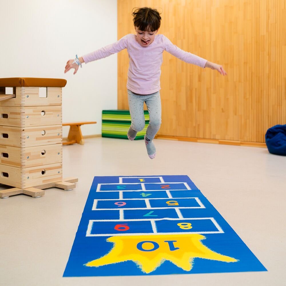 Würfelwelt Kinderteppich Spielteppich Hüpfkönig, Spielkarten für viele weitere Bewegungsmöglichkeiten