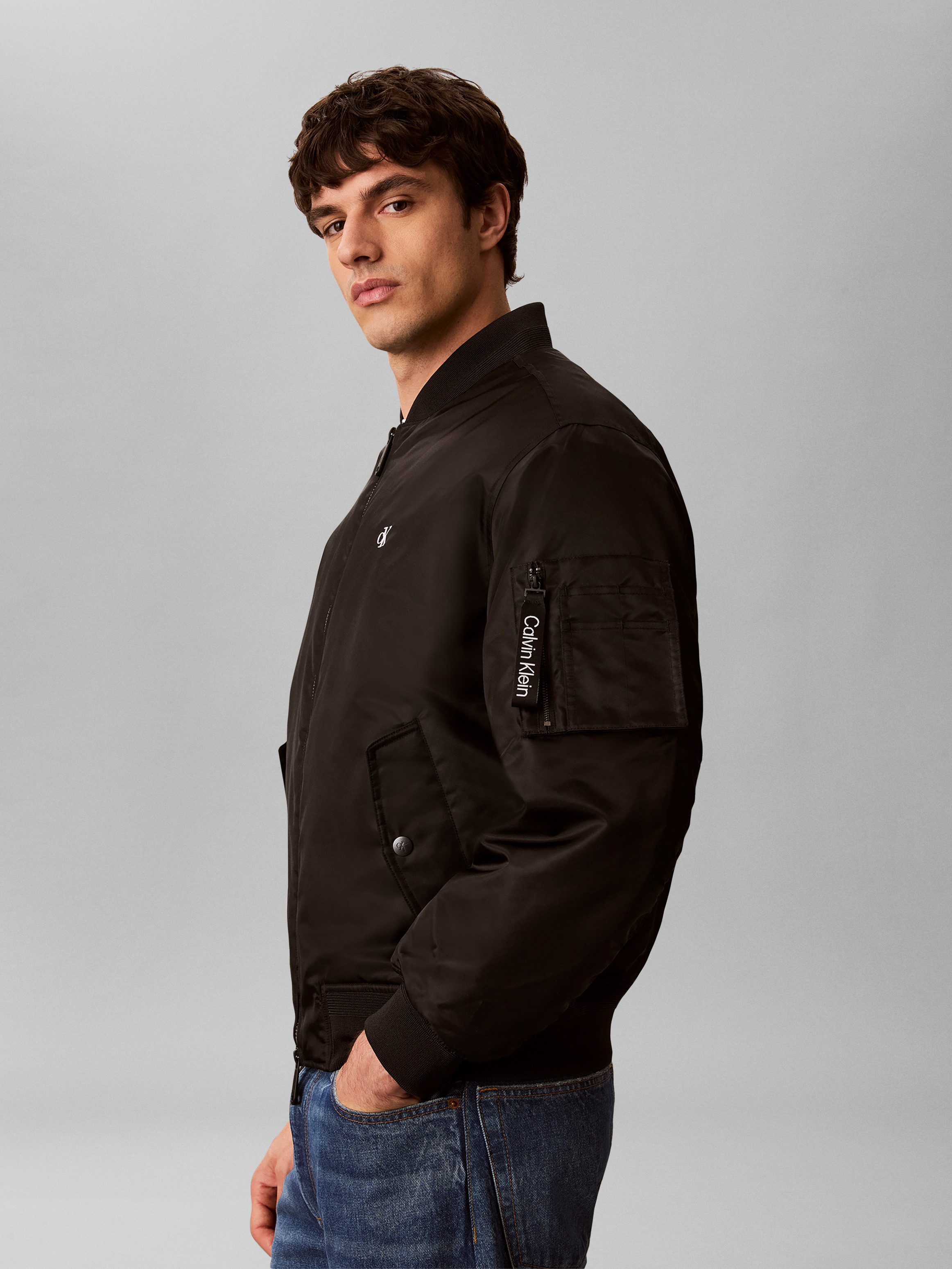 Calvin Klein Jeans Bomberjacke Rippkragen, Regular Fit, Logo-Stickerei