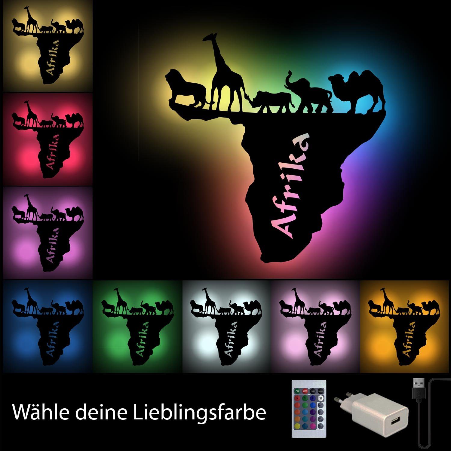 Landkarte USB Dekolicht LED Wand Gold LED integriert, Farbwechsler Namofactur Farbwechsel fest Afrika Lampe, Deko
