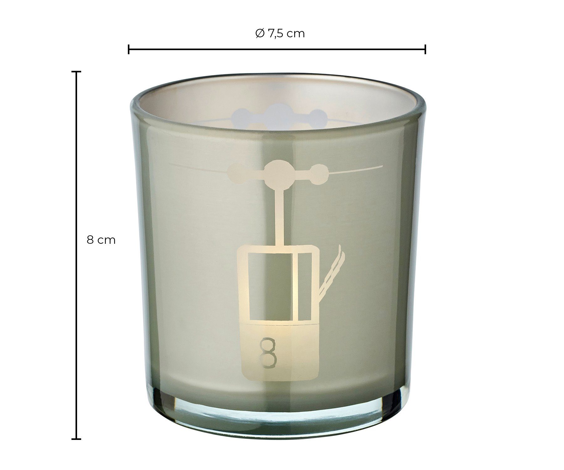 EDZARD Windlicht Lift (Set, Kerzenglas cm, 8 Höhe für Lift-Motiv Teelichter Windlicht, cm, 7,5 Ø mit in Teelichtglas Grau, 2er)