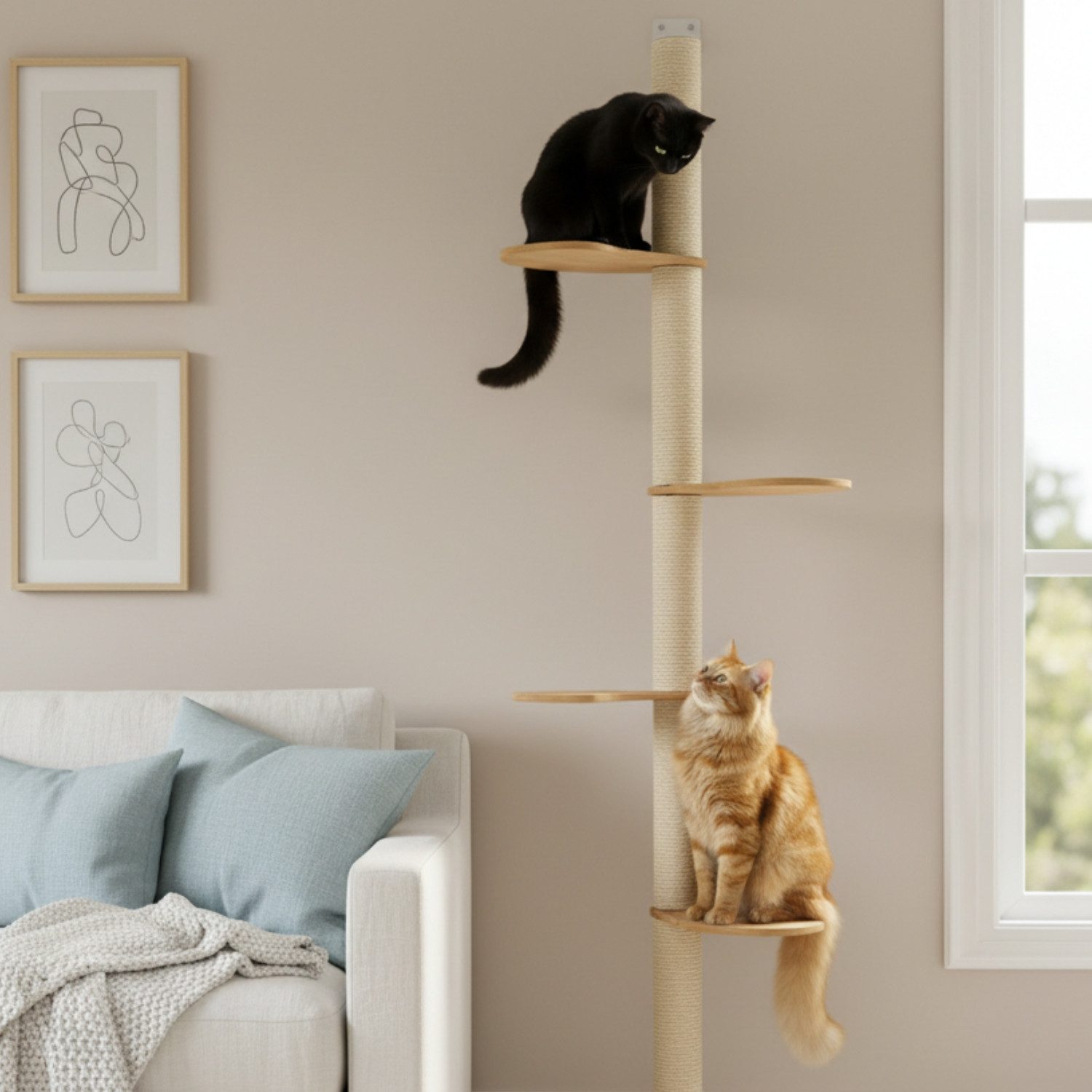 eyepower Kratzbaum zur Wandmontage-205 cm Wandkratzbaum für Katzen mit 4 Bambus Plateaus, Sistammstamm Wand - Katzenkratzbaum platzsparend - Kletterwand Katze