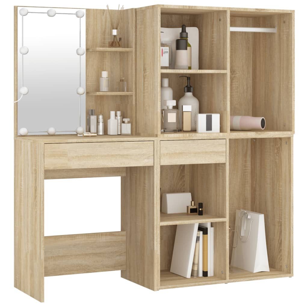 vidaXL Schminktisch LED-Schminktisch mit 2 Schränken Sonoma-Eiche Holzwerkstoff