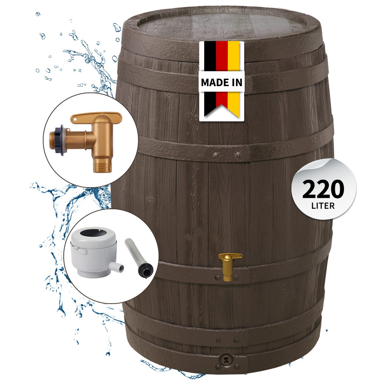 4rain Regentonne VINO Regenfass Komplett-Set 250 L, braun