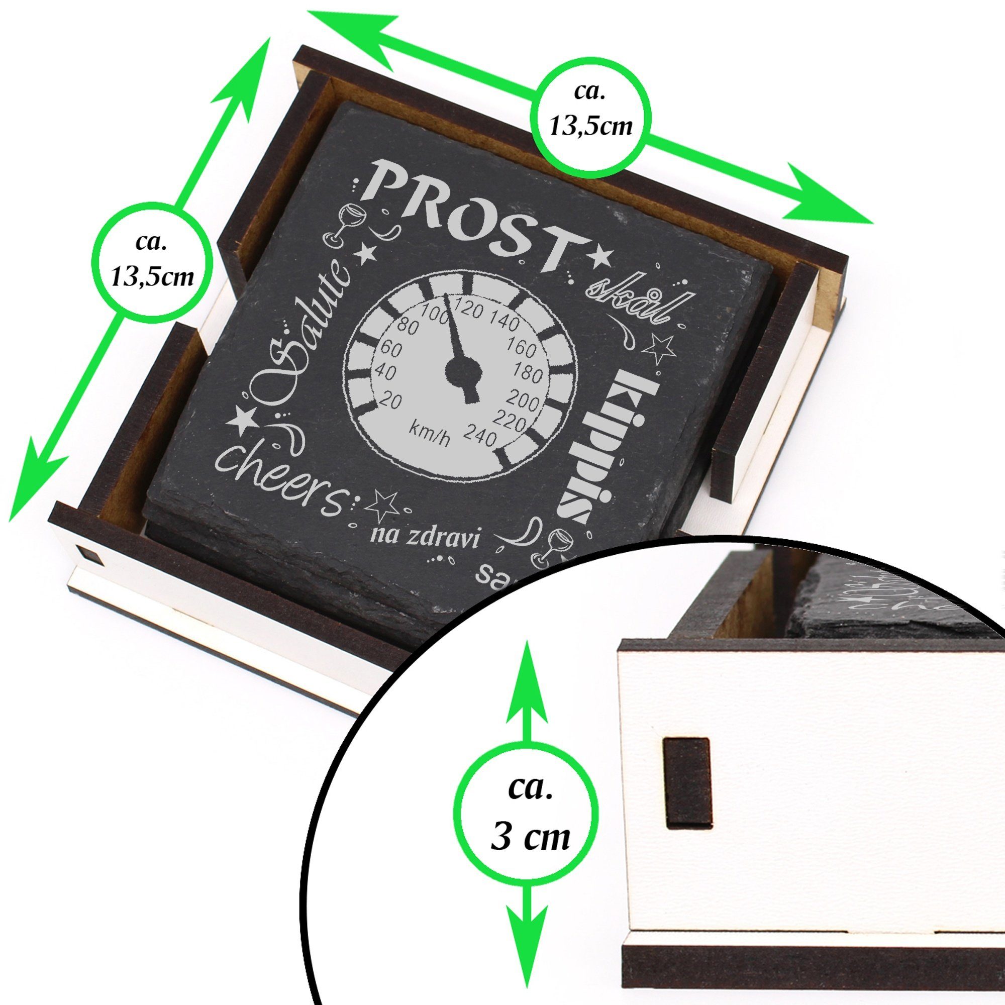 - Box inkl. 6-tlg. & Flaschenuntersetzer, Getränkeuntersetzer Dekolando Tacho Prost