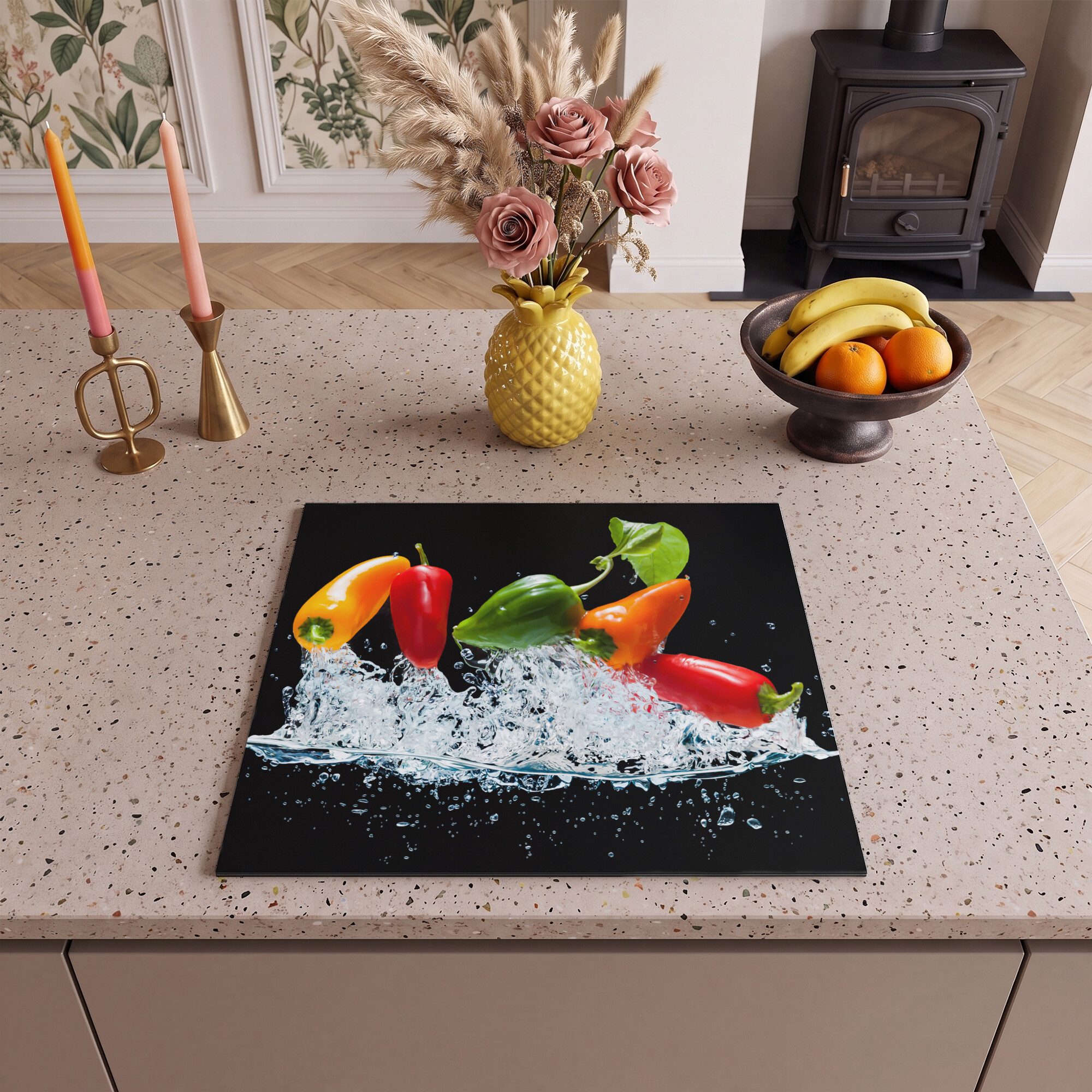 MuchoWow Herd-Abdeckplatte Paprika - Schwarz - Gemüse - Wasser - Blatt, Vinyl, (1 tlg), Cerankochfeld Abdeckung, Herd Abdeckplatten Vinyl, 58.3x51.3 cm – Bild 2 von 5