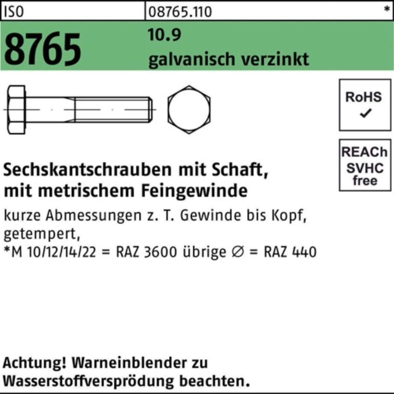 Reyher Sechskantschraube 100er Pack 10.9 ISO galv.verz Schaft 8765 M20x1,5x90 Sechskantschraube
