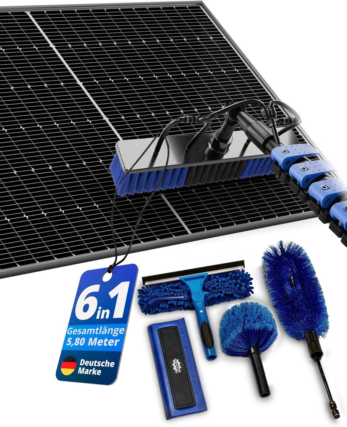 BoomDing Reinigungsbürsten-Set BoomDing Teleskop Waschbürste 5,8 m – Reinigungsset mit 5 Aufsätzen, (Set), Innenliegender Schlauch, inklusive Schneeschieber
