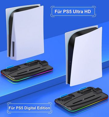 HYTIREBY PS5 Ständer mit PS5 Lüfter, PS5 Standfuß für PS5 Disc/Digital Edition Playstation-Halterung, (Mit PS5 Controller Ladestation/Headset Halterung/6 Spiele Lagerung)