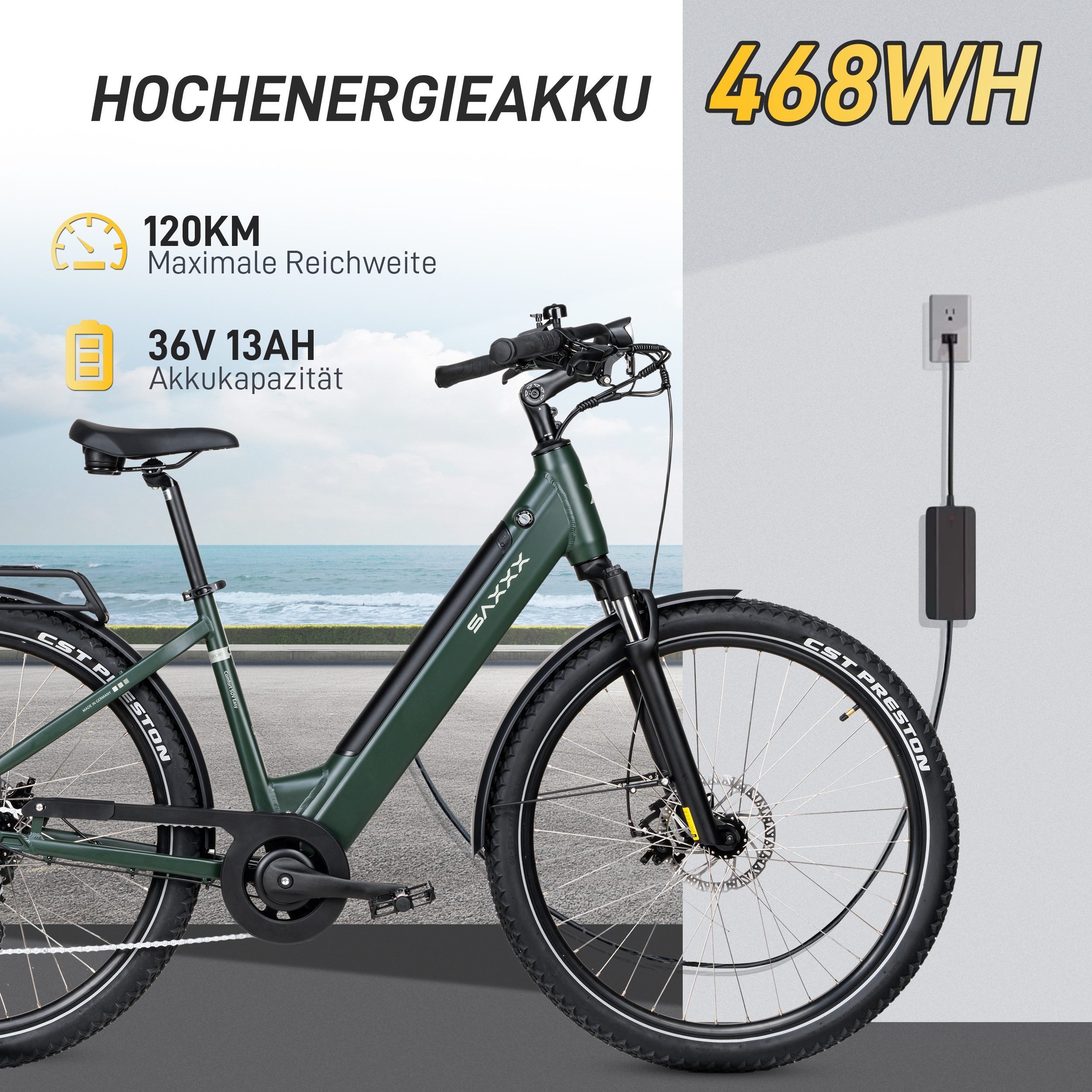 SAXXX E-Bike Cityrad Damen und Herren 28x2,35 Zoll, SAXXX SUV Pedelec, 468 Wh, max. 120km, 7 Gang SHIMANO Altus Schaltwerk, Kettenschaltung, Hinterradmotor, 468 Wh, (mit Gepäckträger, mit Akku-Schlüssel, Beleuchtungsset), E-Citybike mit 250W Heckmotor, Elektrofahrrad Unisex, RH: 45cm