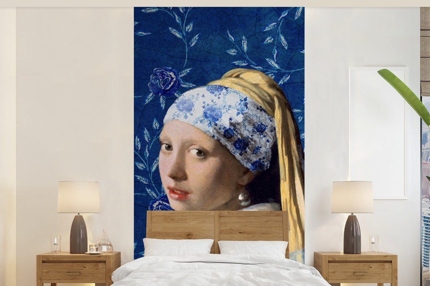 Blumen für Delfter Vermeer Mädchen mit Perlenohrring bedruckt, - Fototapete - Küche, Porzellan (2 Matt, St), Wohnzimmer -, Schlafzimmer MuchoWow - Vliestapete Fototapete