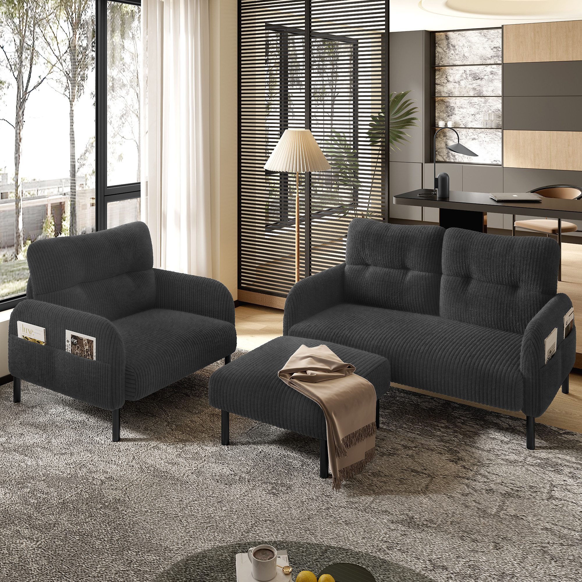 STILVORA Wohnzimmer-Set Cord 3er-Set Loungesofa Sitzgruppe,Hocker&2er-Sofa günstig online kaufen