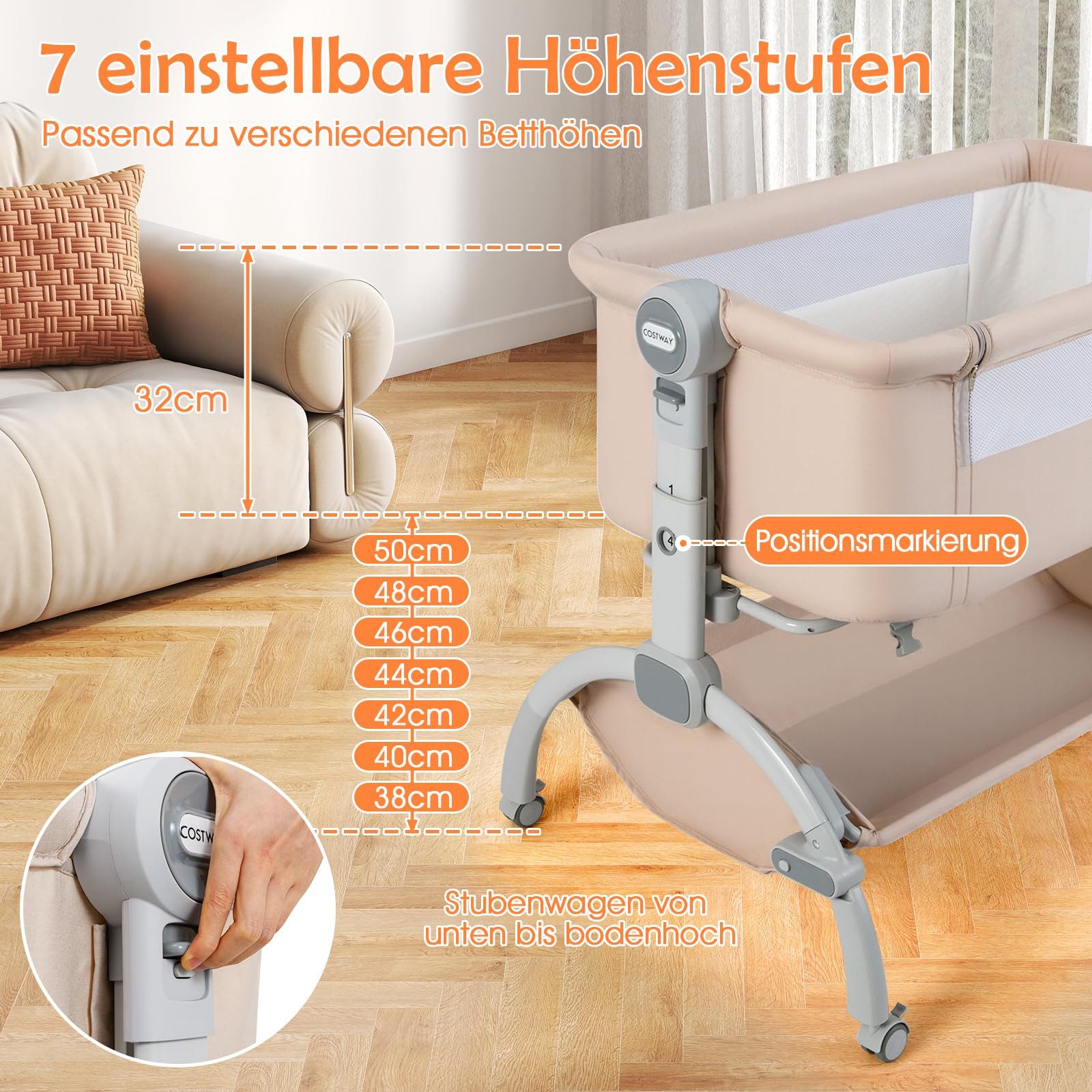 COSTWAY Beistellbett, 3in1 Babywiege, Stubenwagen, 7 Fach höhenverstellbar, günstig online kaufen