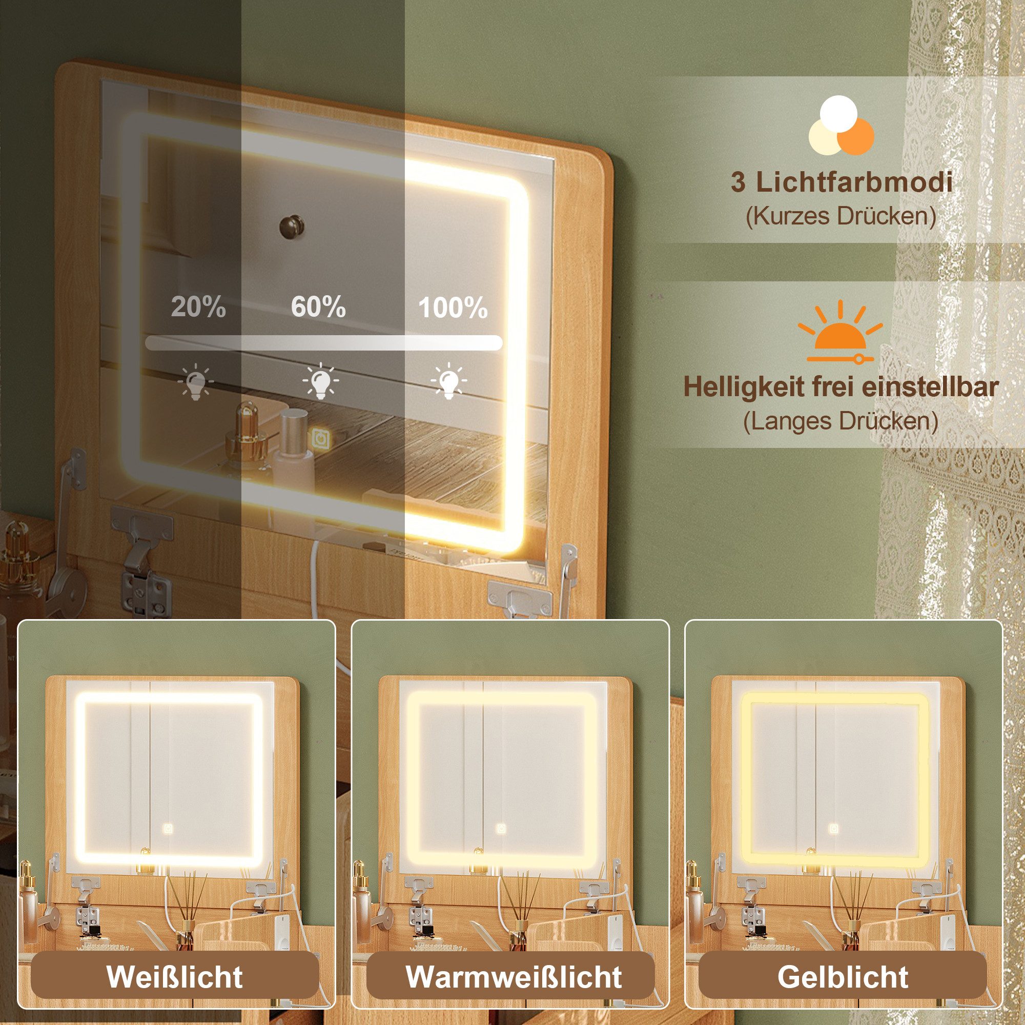 i@home Schminktisch mit LED-Klappspiegel (1 Schminktisch mit LED-Klappspiegel), 4 Ladeanschlüsse, Hocker mit Rollen, klappbarer Seitentischplatte