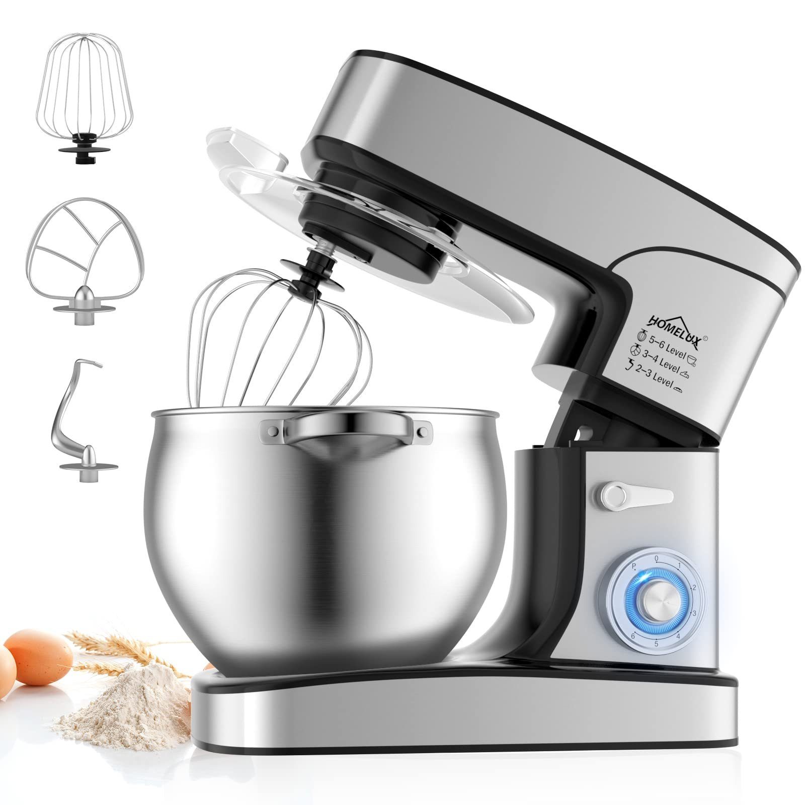 HOMELUX Küchenmaschine 12 L Küchenmaschine, und mit 2500,00 3-Teiligem Patisserie-Set Geschwindigkeiten, inkl 12,00 l Teigmaschine,6 Spritzschutz, W, Edelstahlschüssel Schüssel, Knetmaschine