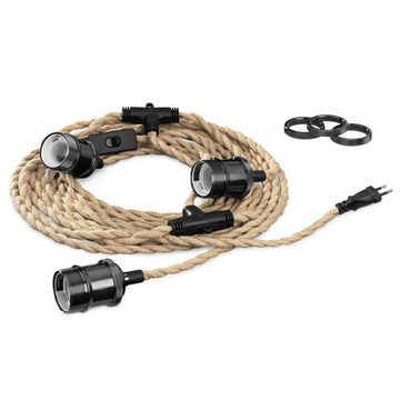 kwmobile Elektro-Adapter, E27 Lampenkabel mit Hanfseil 3 Fassungen - 570cm Kabel mit Schalter Stecker Schraubring - Lampenfassung Stromkabel - Deko Pendelleuchte Hängelampe