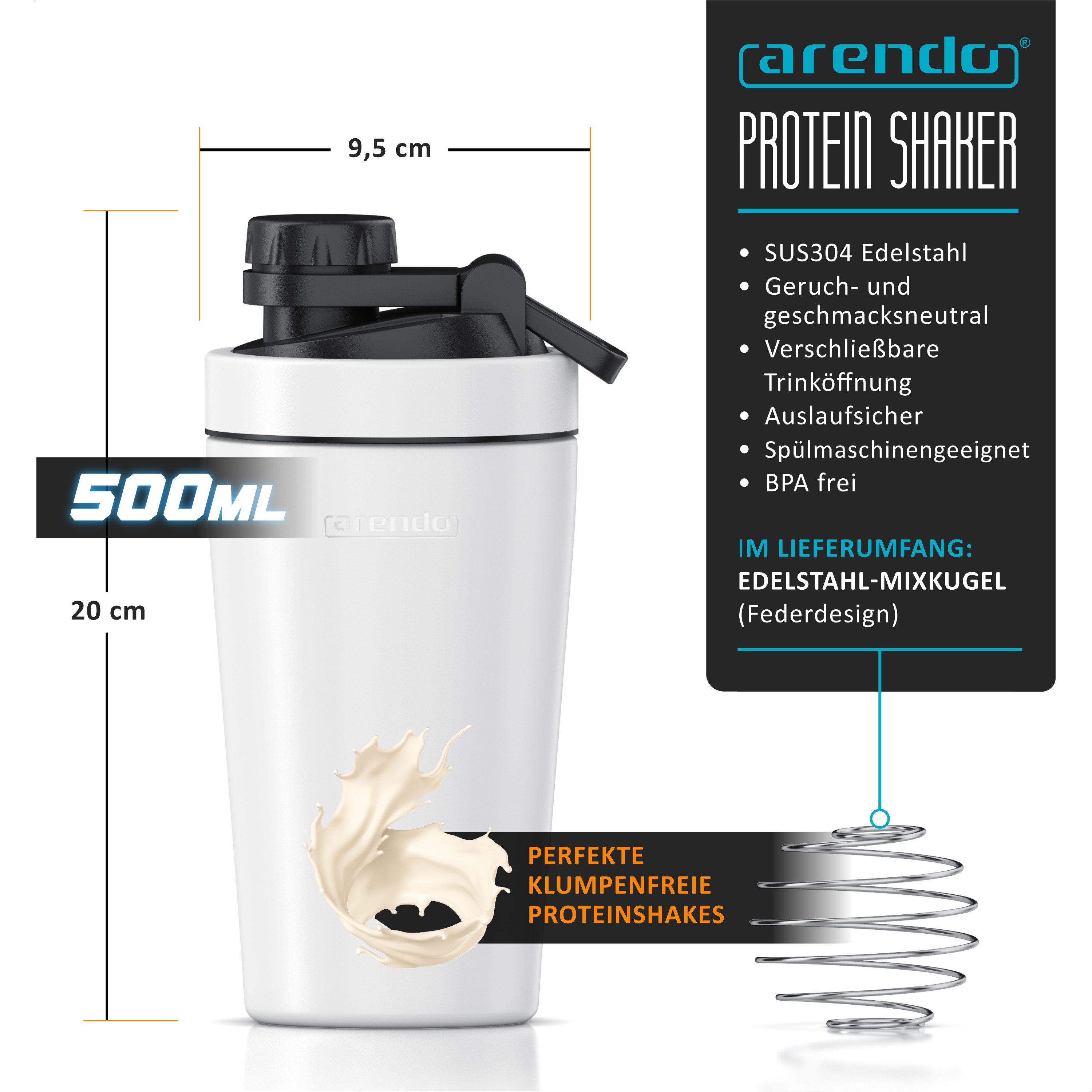 Arendo Protein Shaker Edelstahl Eiweißshaker 500 ml, verschließbar, bruchfest, BPA-frei, Edelstahl, (1-tlg), auslaufsicher, spülmaschinengeeignet, mit Tragegrif – Bild 2 von 5