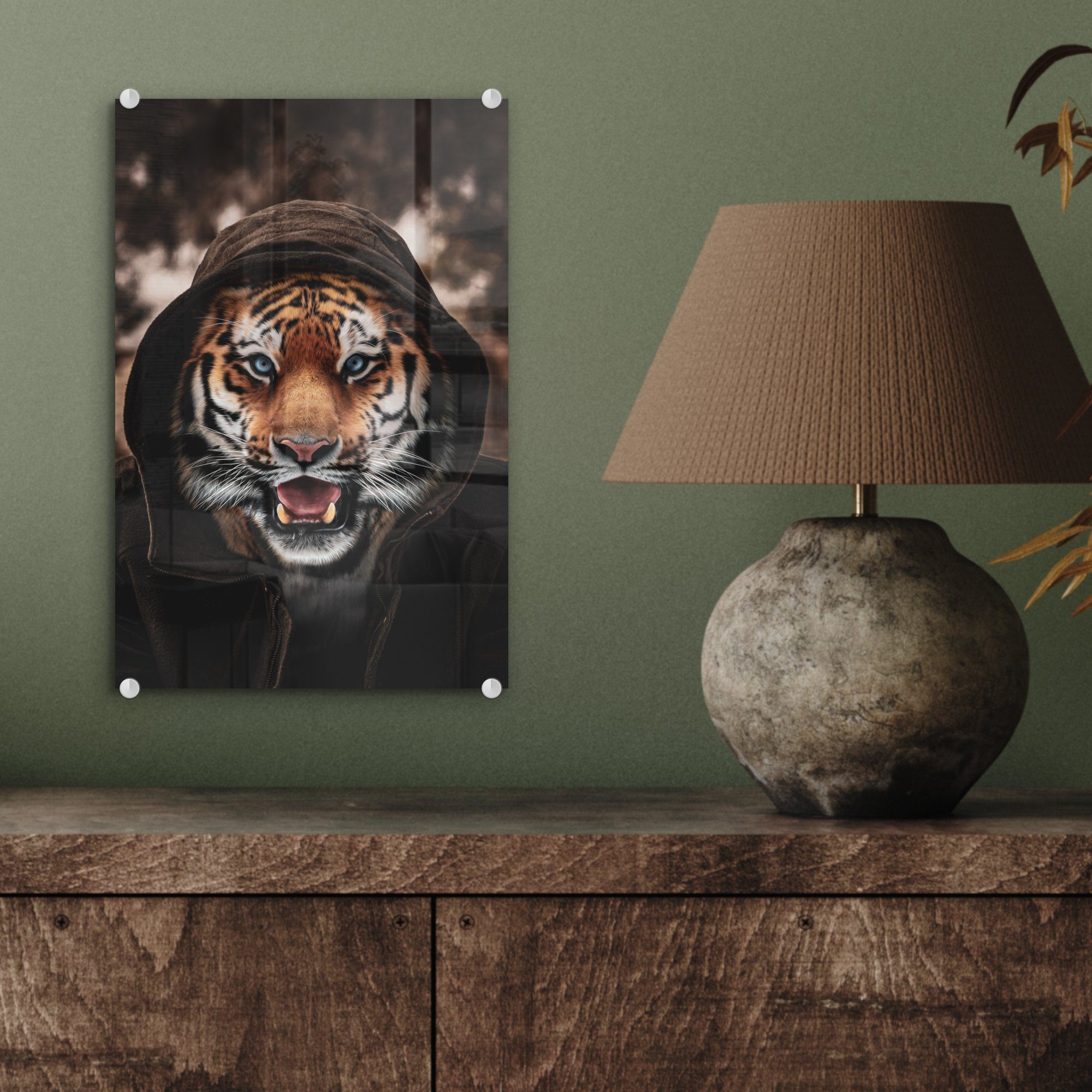 bunt Wandbild - auf (1 Glasbilder Kapuze, St), - Bilder Glas Glas Tiger Wanddekoration Acrylglasbild - Foto auf mit MuchoWow