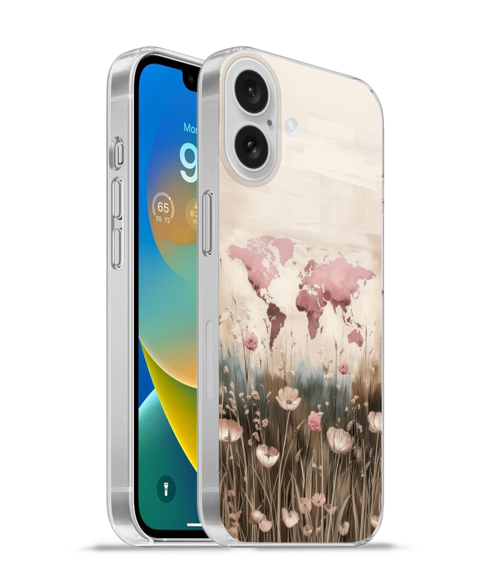 MuchoWow Handyhülle für Apple iPhone 16 Weltkarte - Rosa - Blumen, Smartphone-Bumper, Print, Handy Schutzhülle Dünn