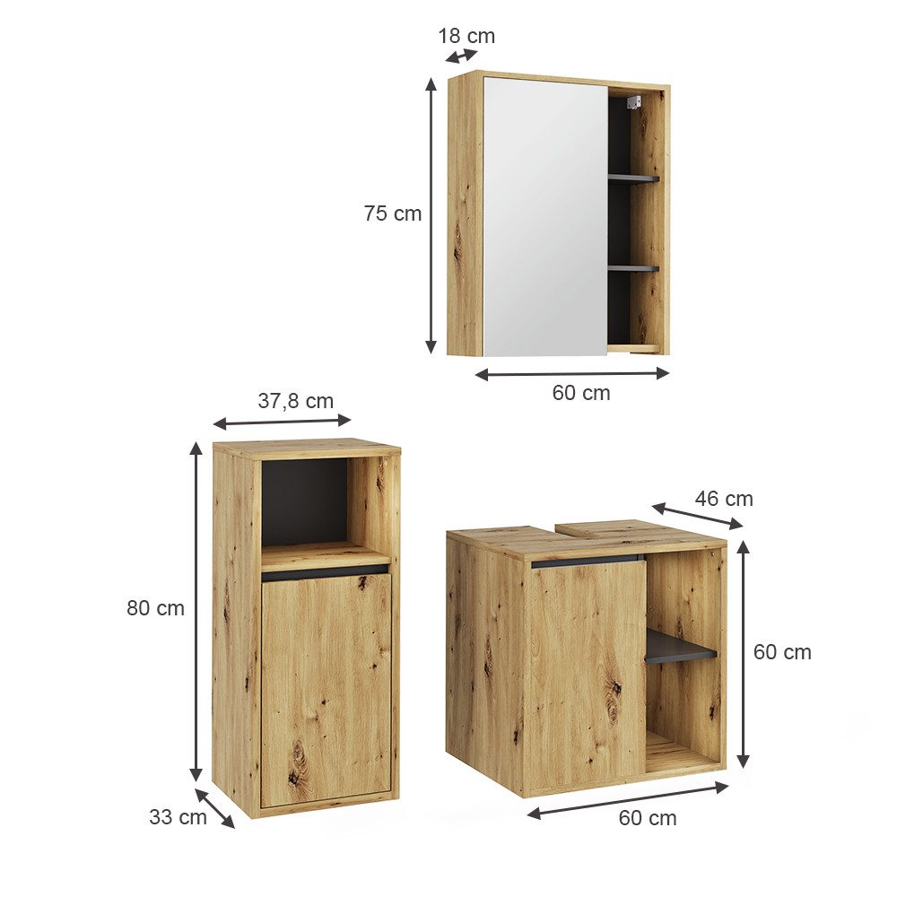 Vicco Badmöbel-Set Viola, Artisan/Grau, 3 Teile, günstig online kaufen