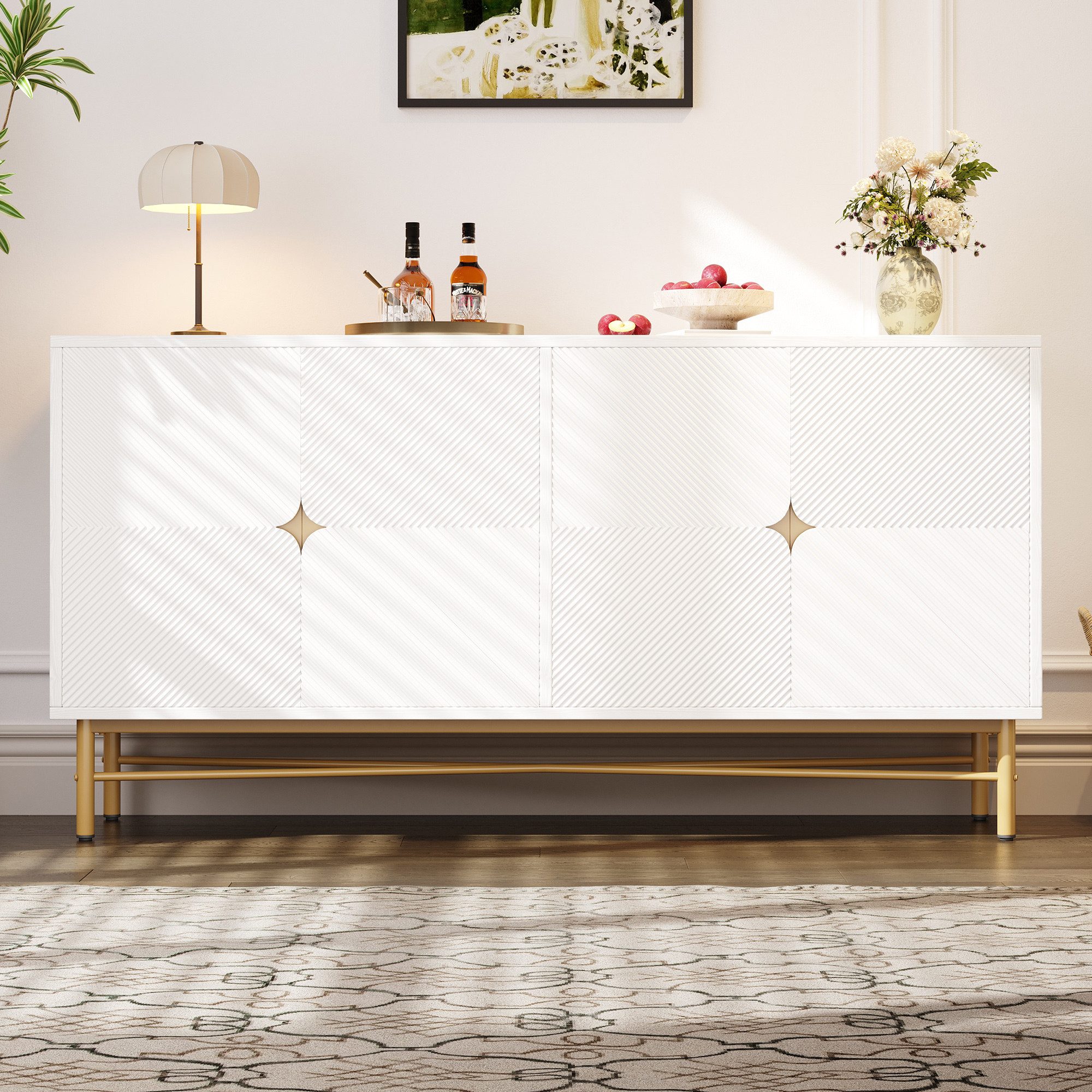 STILVORA Sideboard mit Hochglanz,Beistellschrank Aufwahrungsschrank mit goldenen Beinen (Sideboard Hochglanz 160 cm mit Goldgriffen & Soft-Close – Viel Stauraum & Strukturfront)