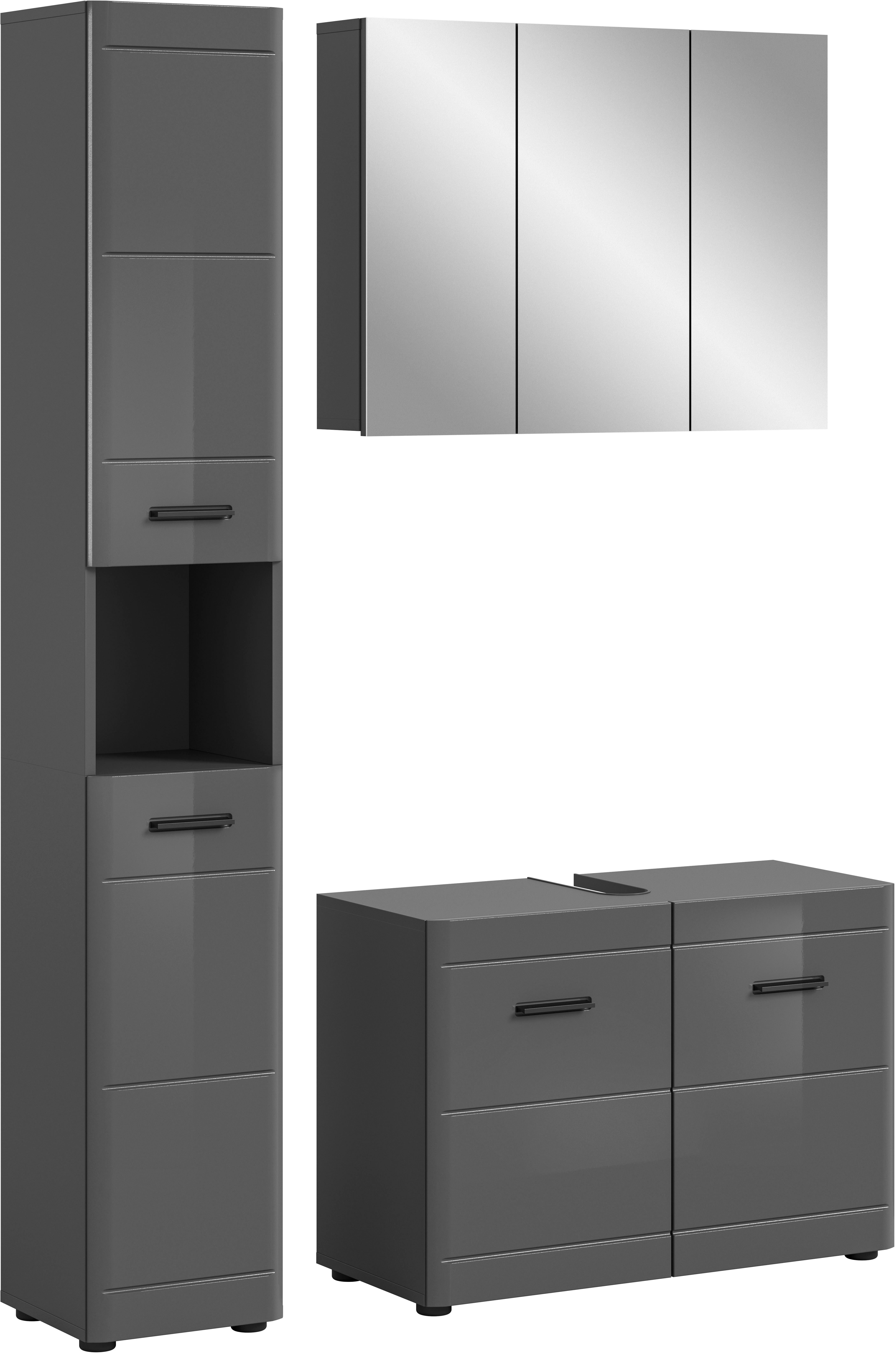 welltime Badmöbel-Set Doux, bestehend aus: Hochschrank, Waschbeckenunterschrank, (3-St), Spiegelschrank, hochwertige hochglanz MDF Front mit Rillenfräsung