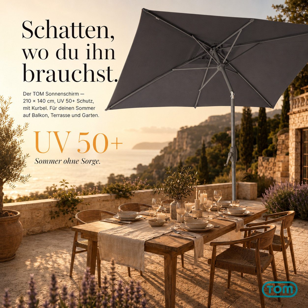 TOM Sonnenschirm mit Kurbel 140x210cm Rechteckig inklusive Kühltasche, Tragetasche, 34mm Standrohr, 180 g/m² Polyester – Bild 2 von 5