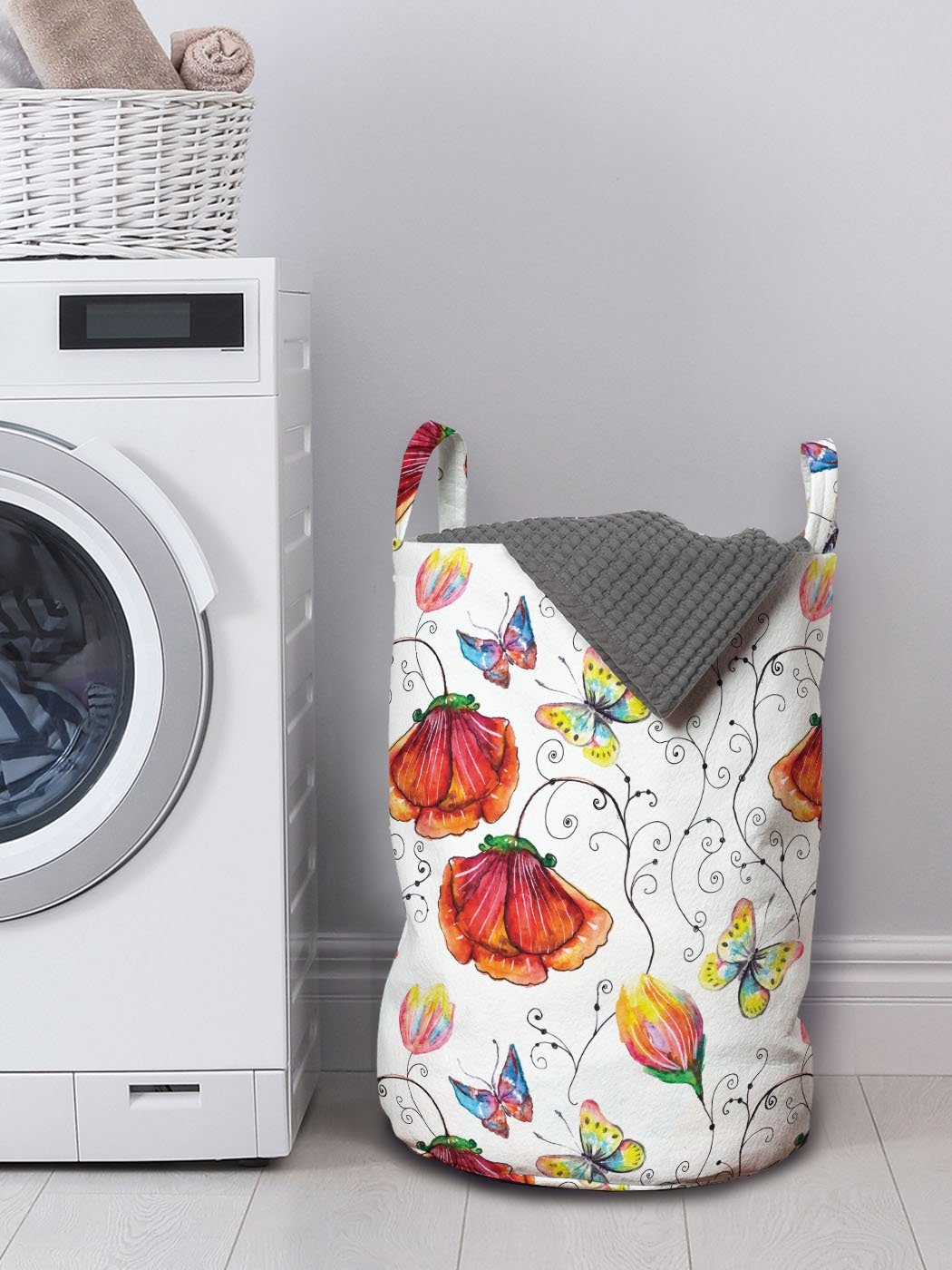 Abakuhaus Wäschesäckchen Wäschekorb mit Griffen Flamingo für Gewirbelte Waschsalons, Blumen Kordelzugverschluss Natur