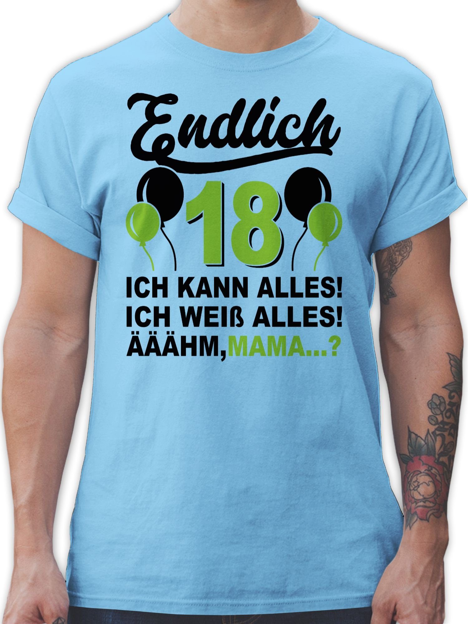 Shirtracer T-Shirt Endlich Achtzehn! Ich kann & weiß alles! Äähm,... Mama? grün/schwarz 18. Geburtstag 3 Hellblau