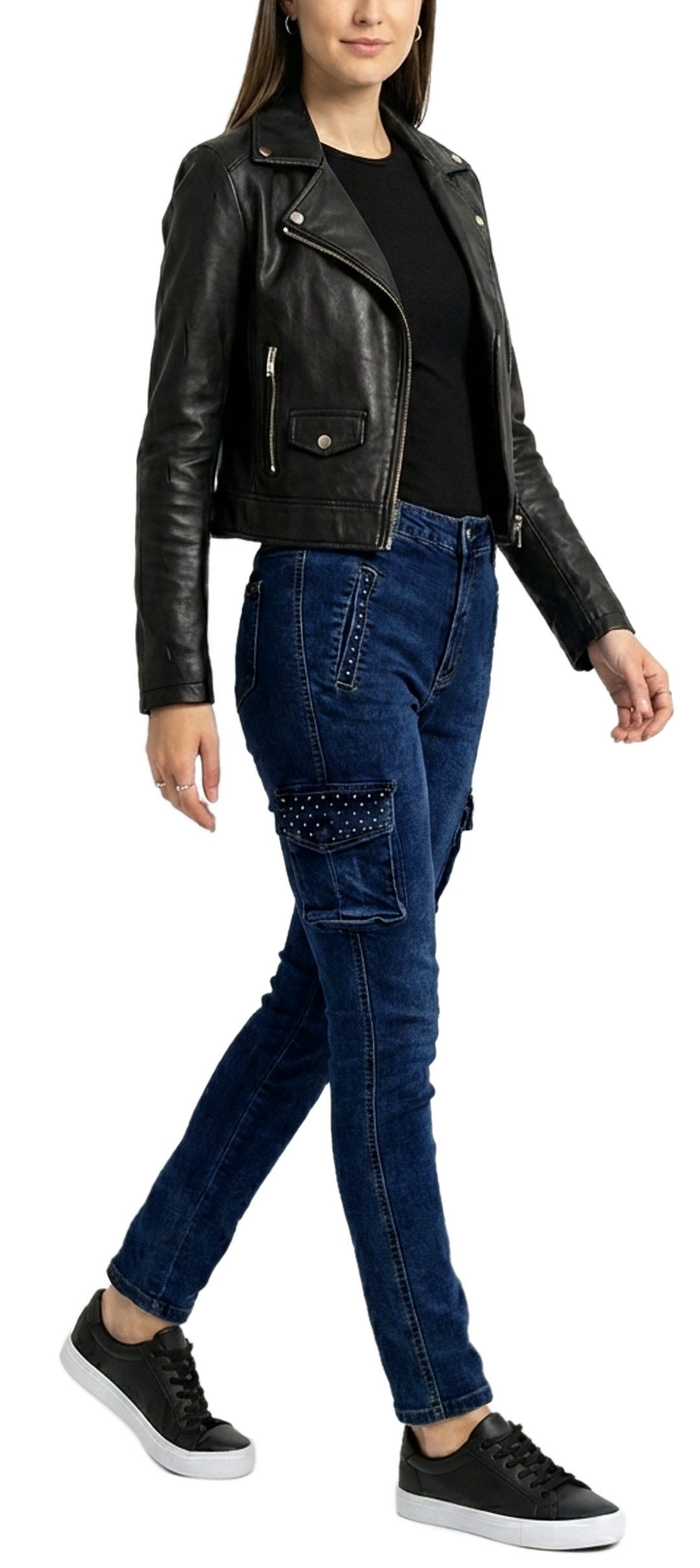 dy_mode Cargojeans Damen Cargo Jeans mit Nieten Röhrenjeans mit aufgesetzte günstig online kaufen