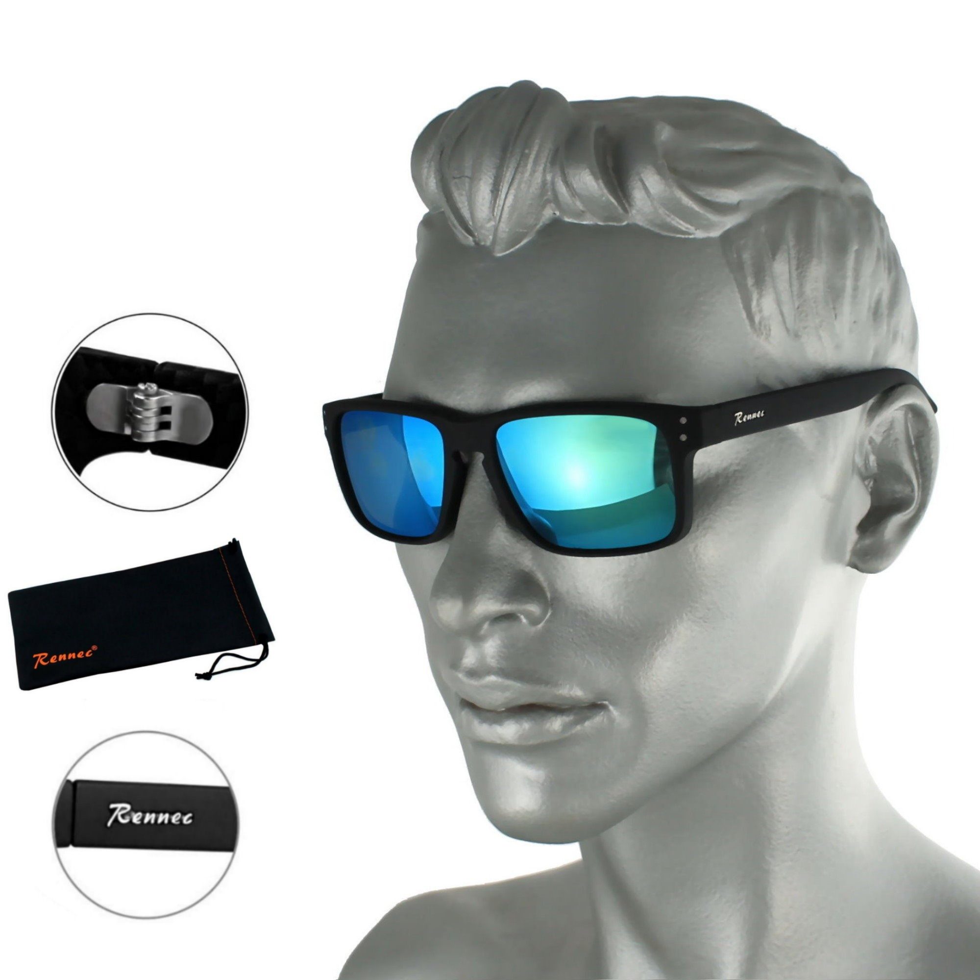 Rennec Sonnenbrille Herren Rechteckig Schwarz Matt Gläser Türkis Verspiegelt 3in2 Bügelgelenke, Hardcase, Rubber Haptik