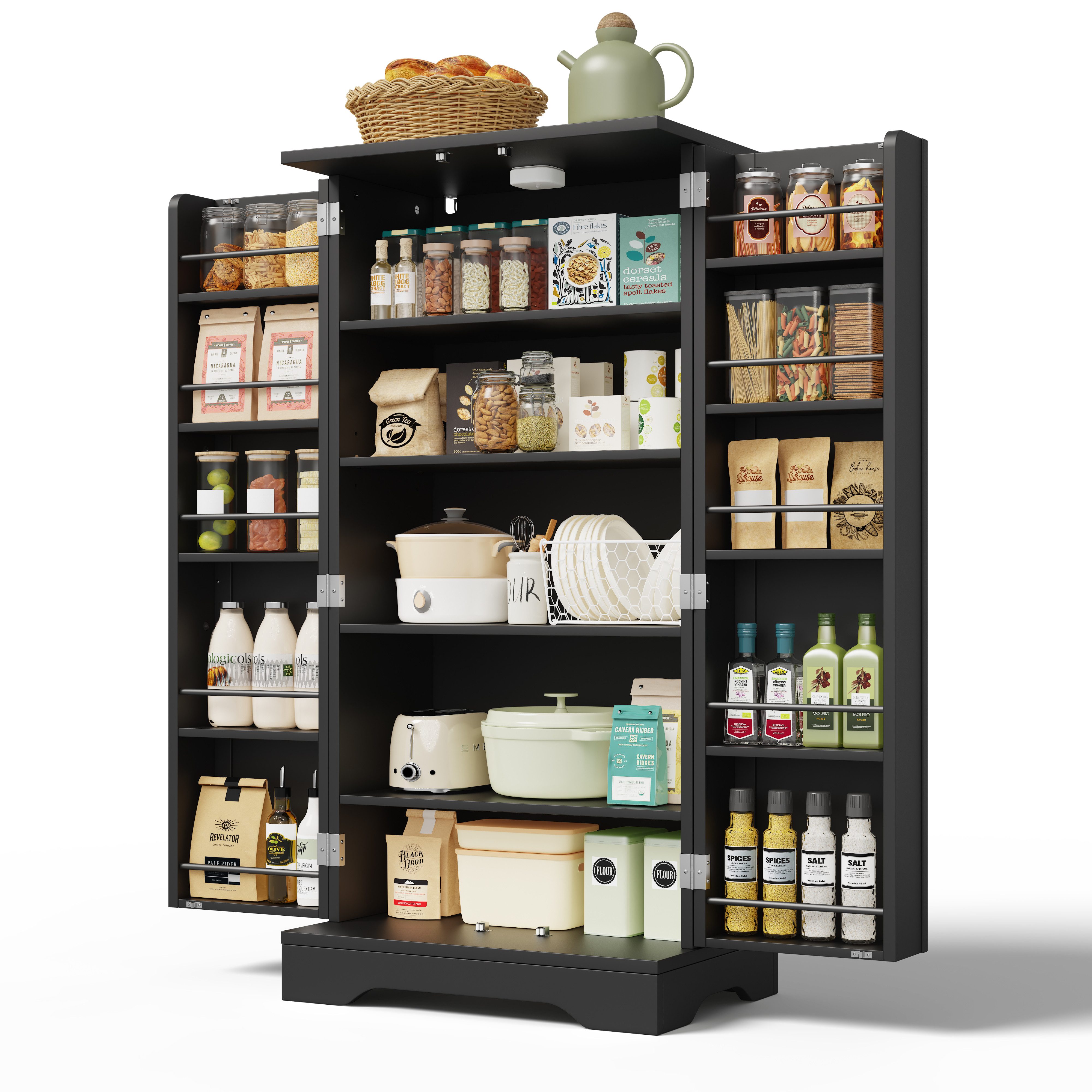 Yorbay Mehrzweckschrank Küchenschrank mit Sensor-LED, 3D-Wellenfront, 120 cm Höhe 2-türig, höhenverstellbar & kippsicher