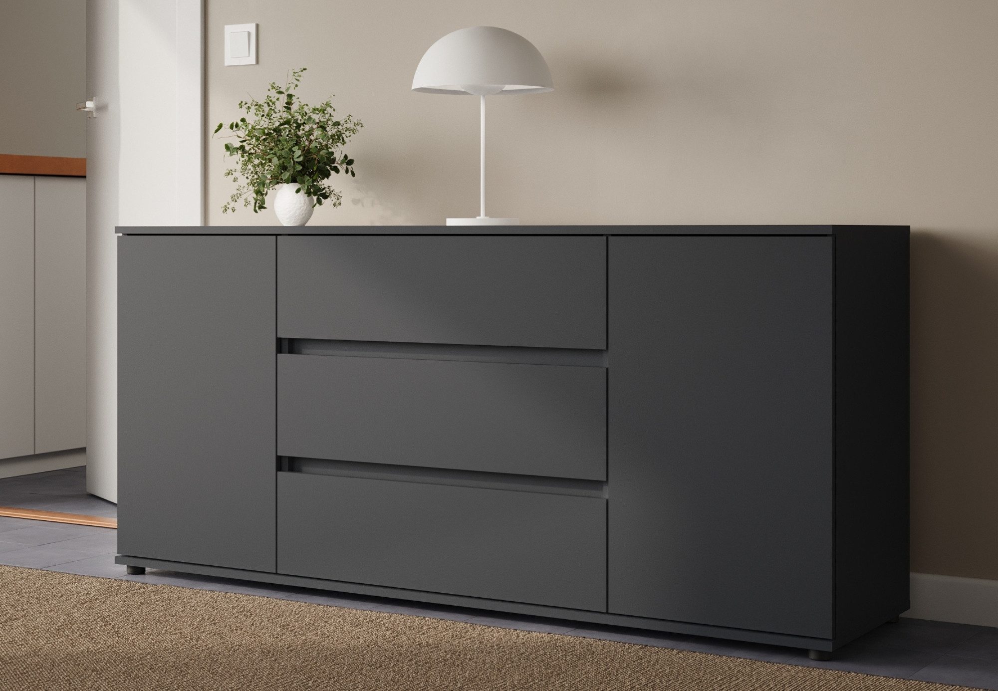 Home Collective Kommode Sideboard Kommode mit Schubladen Sideboard Wohnzimmer Anrichte (Sideboard Wohnzimmer Flur Kommode, modernes, griffloses Design), mit 2 Türen und 3 Schubladen, 150 x 40 x 70 cm Anthrazit