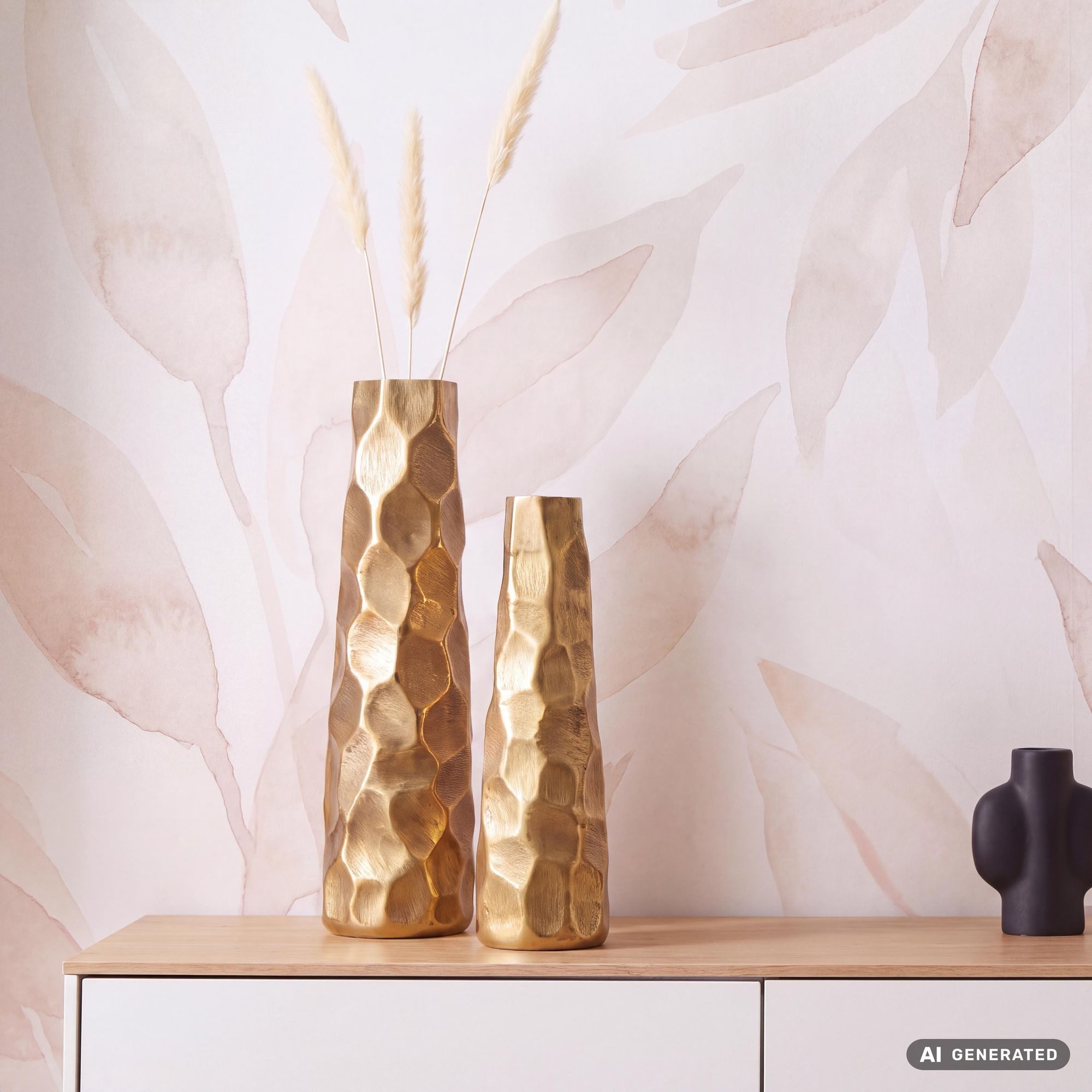FINEBUY Dekovase FB65105 Vase 2er Set Blumenvase Aluminium Tischvase Hammerschlag (Vase 2er Set Aluminium Gold Modern Hammerschlag), Blumenvase 2-teilig, Tischvase Wohndeko Tischdeko