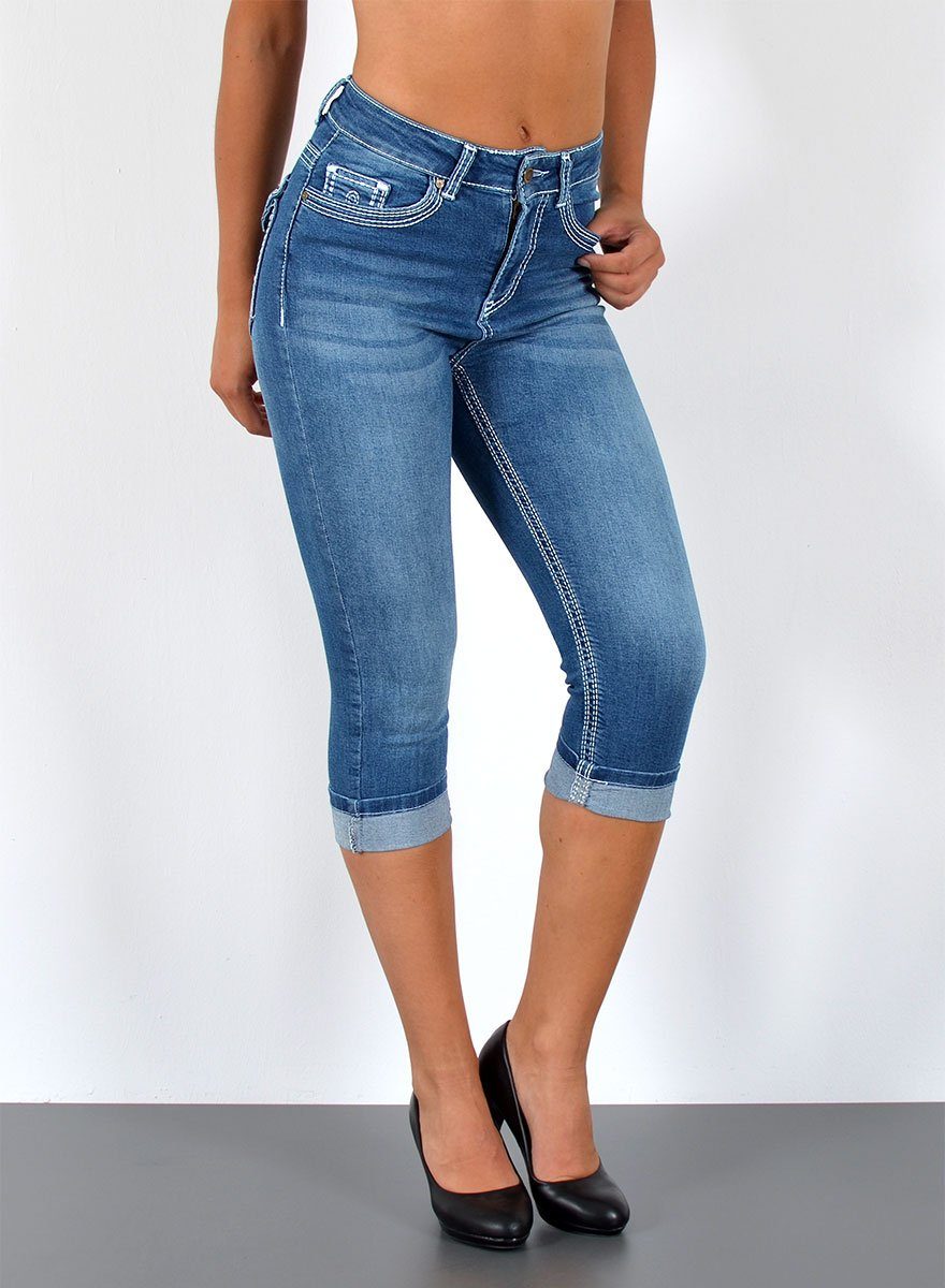 ESRA Caprijeans Damen 3/4 Capri Jeans-Hose mit Kontrast-Nähte bis Große Größen J563 Damen High Waist Capri Jeans Stretch Jeans dicke Naht bis Übergröße