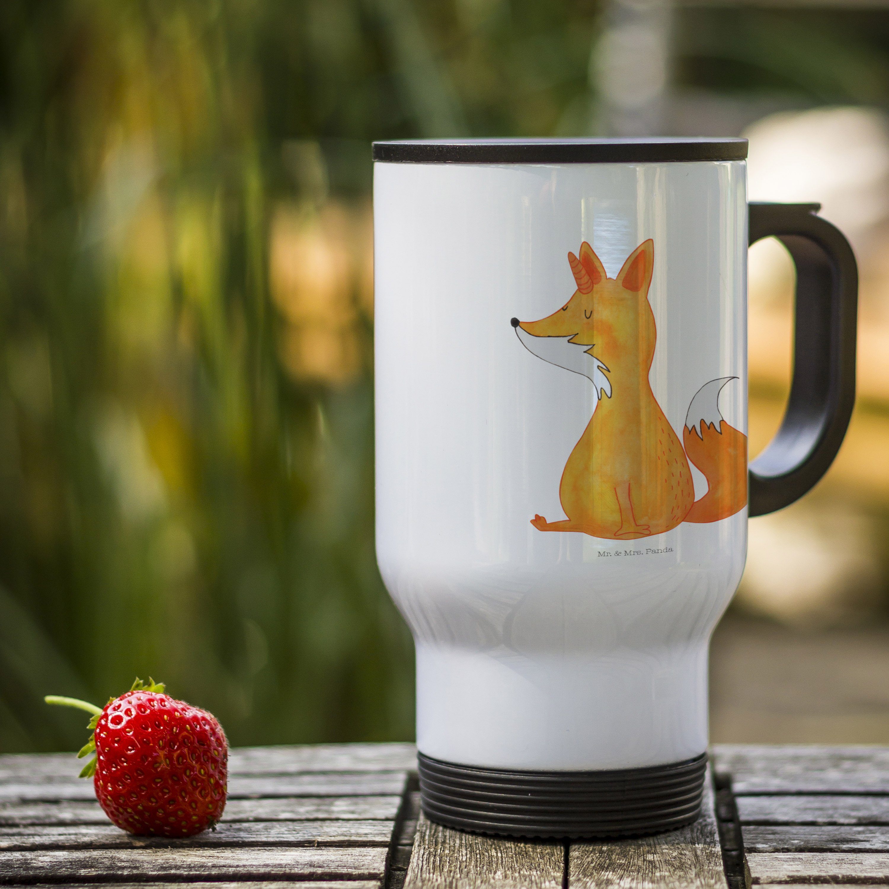 Mr. & Mrs. Panda Thermobecher Einhorn Fuchs, Thermobecher, Weiß, Unicorn, Fuchshörnchen, Unicorns, Edelstahl, Thermobecher Schule Kaffee-Thermobecher kaffeebecher mit deckel