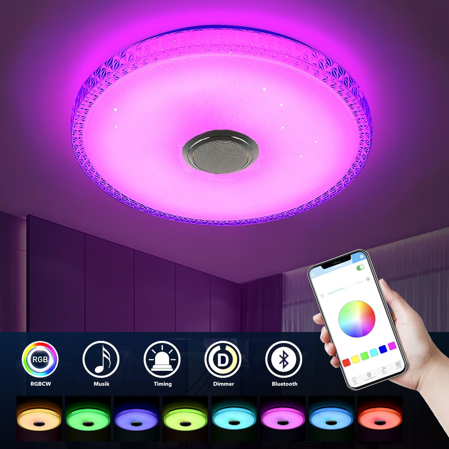 oyajia LED Deckenleuchte 40W Kristall LED Deckenlampe mit Bluetooth Lautsprecher, RGB Dimmbare, LED fest integriert, Kaltweiß/Naturweiß/Warmweiß/RGB Farbwechsel – Bild 2 von 5
