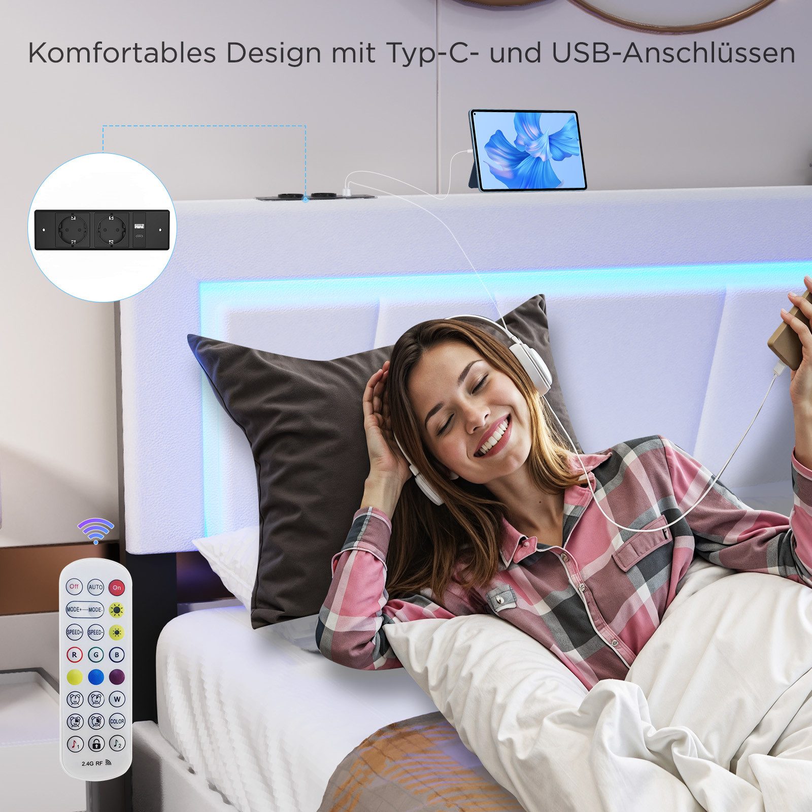 oyajia Polsterbett LED Doppelbett 160x200 cm, mit 4 Schubladen und Lattenrost (Kopfteil mit stauraum und USB-Ladefunktion, Polsterbett mit Metall Bettgestell, PU-Leder), Funktionsbett Stauraumbetten Jugendbett Bettgestell Leises Design Bett