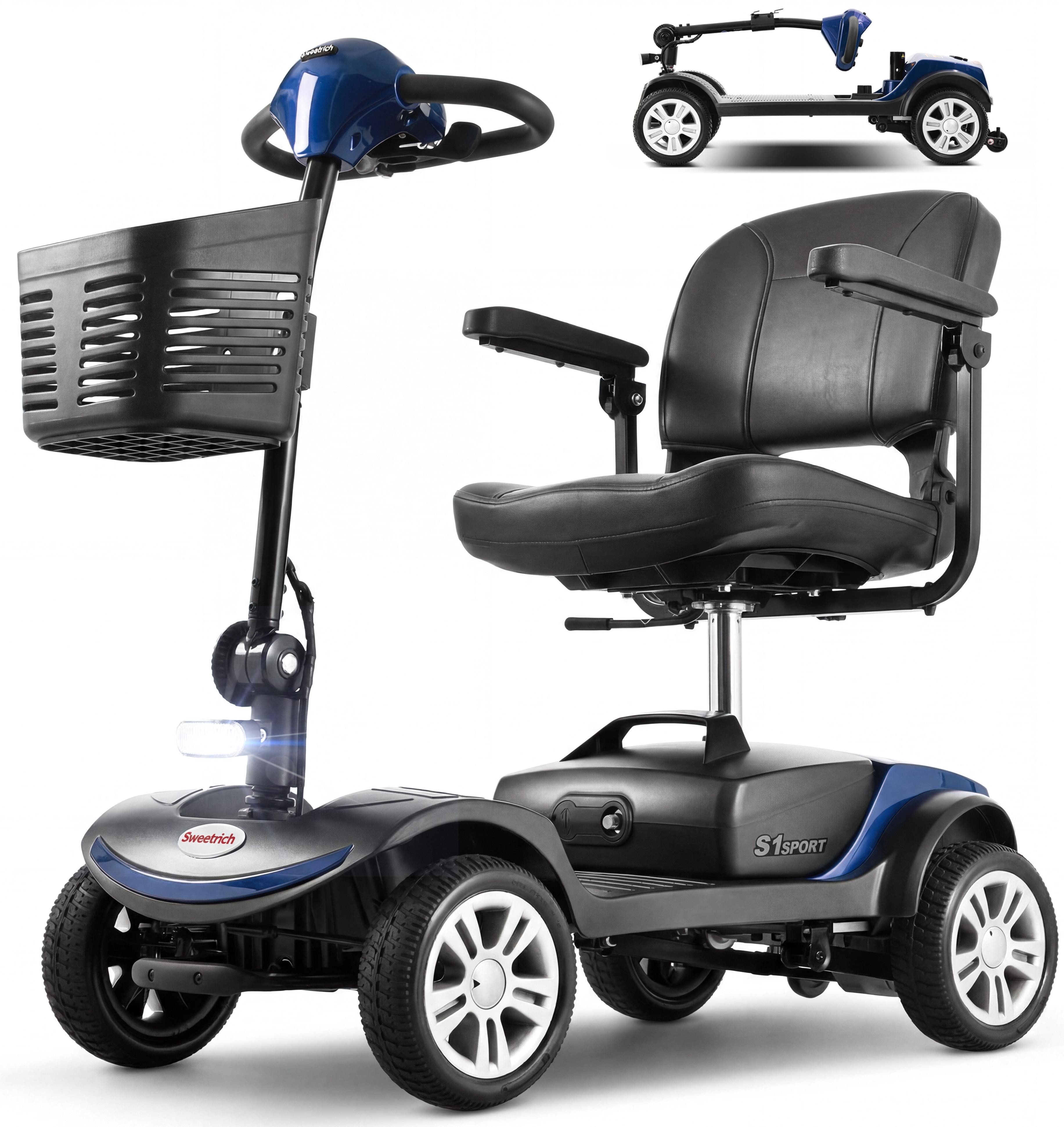 LVHOM Elektromobil faltbar Seniorenmobil, Hinter-Stoßdämpfer, 15-25 km,12Ah 4-Rad-Scooter, 300 W, 6 km/h, (136 kg Tr.Kr. mit 360° drehbarer verdickter Luxussitz + Korb + LCD-Display + verstellbare Armlehnen + E-Bremse, sensibles Anhalten, 14.5cm hohes Fah