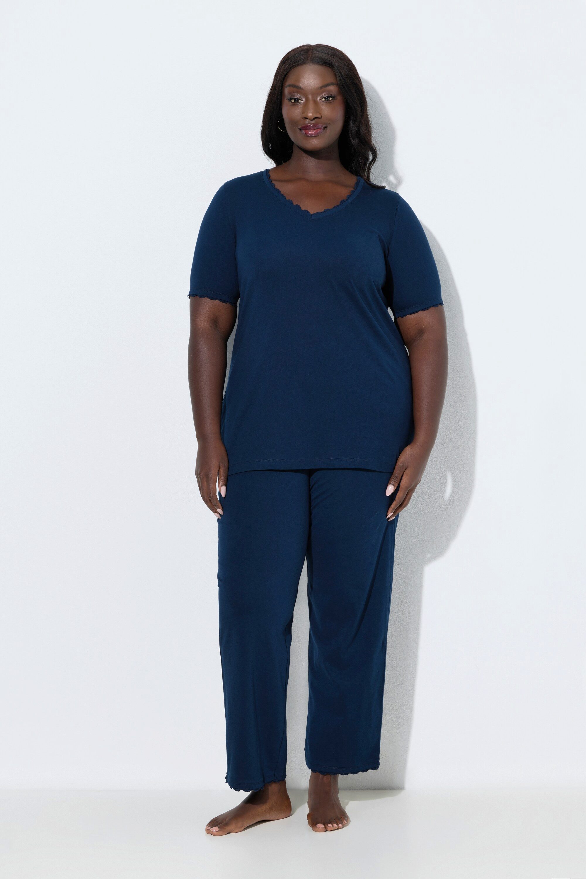 Ulla Popken Pyjama Pyjama Spitze V-Ausschnitt Halbarm Biobaumwolle günstig online kaufen