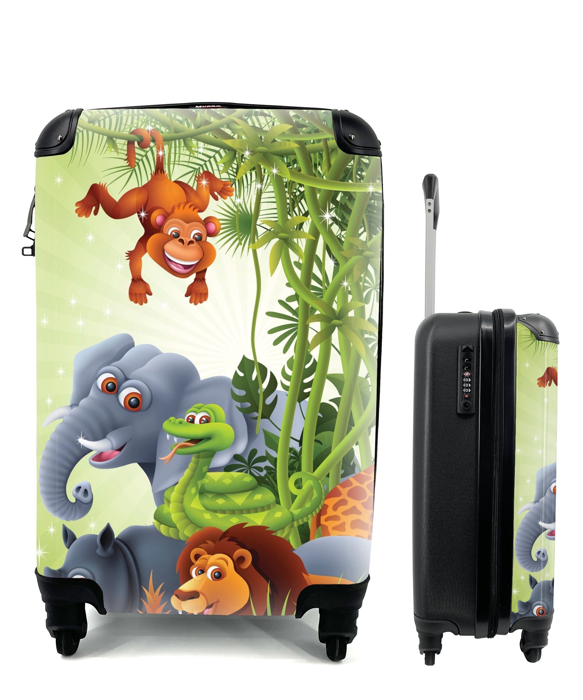 MuchoWow Handgepäckkoffer 4 mit Pflanzen Rollen, Elefant Handgepäck Ferien, Reisekoffer - - Trolley, Dschungeltiere Giraffe Löwe, - Reisetasche für - Kinder rollen, 