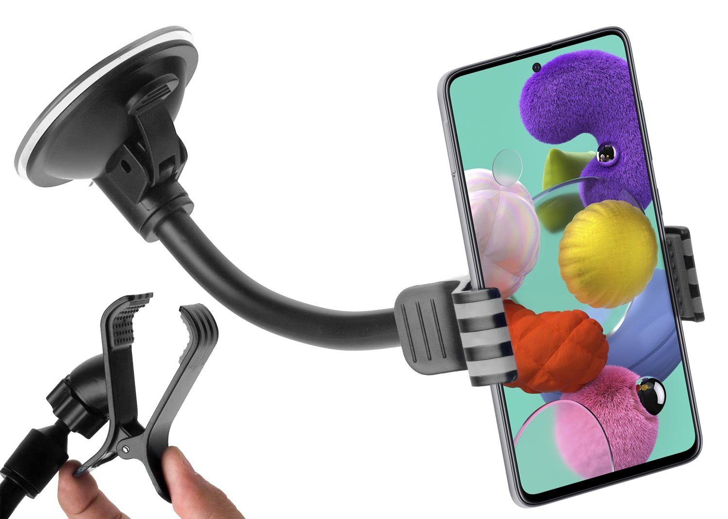 yayago Handy-Halterung Universal KFZ Handy Smartphone Halterung mit Saugnapf + Klemme, (Set, Set, Für alle Handys Smartphones mit einer Breite bis zu 10cm Case friendly)