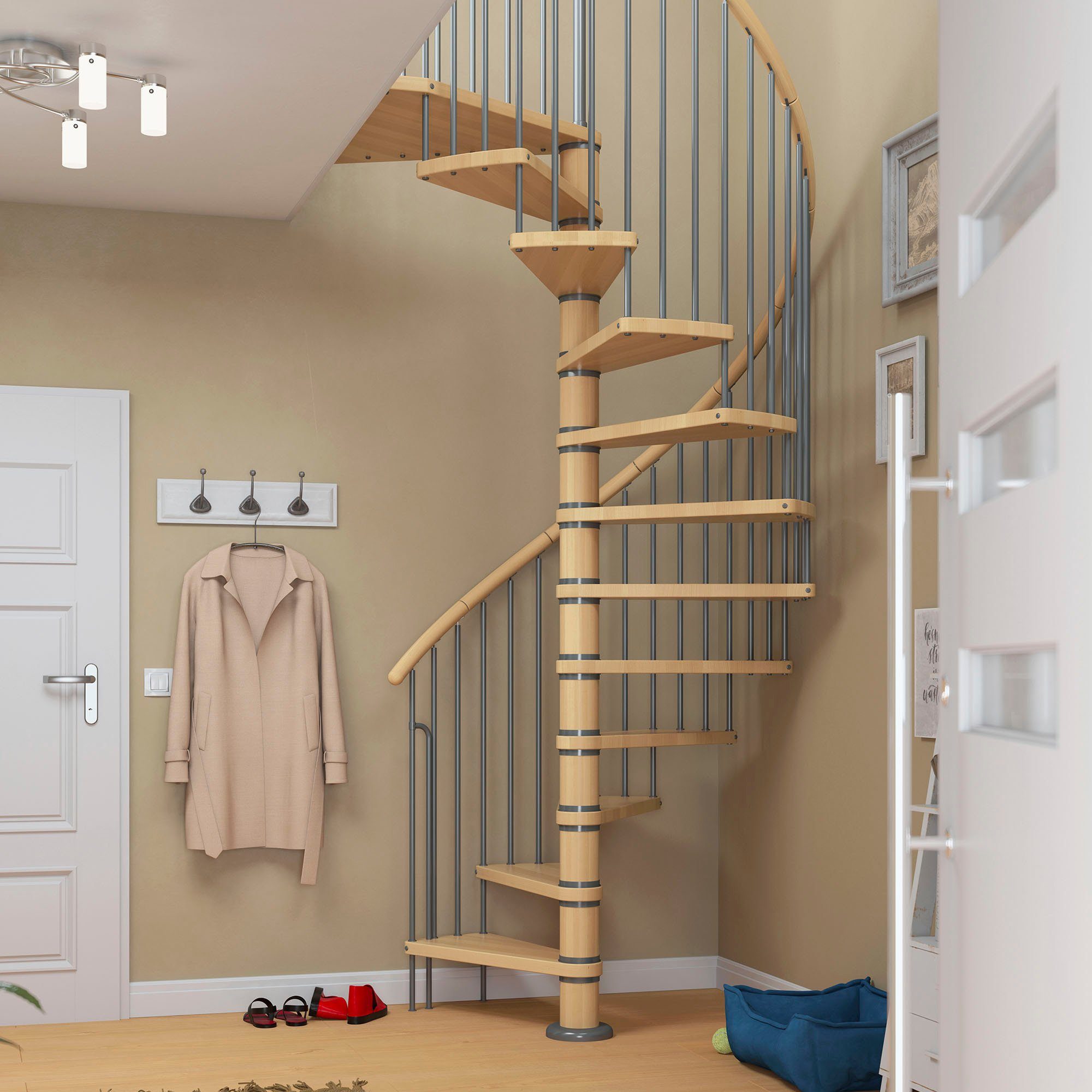 Dolle Spindeltreppe Winnipeg, für Geschosshöhen bis 270 cm, Stufen offen, Buche, Ø 120 cm, Stufen geölt, Handlauf Holz, Metall pulverbeschichtet