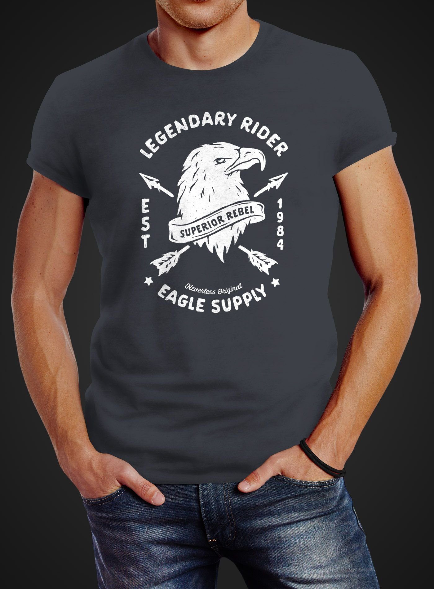 Neverless® T-Shirt Supply Eagle Rider mit Legendary Herren Neverless Print-Shirt grau Aufdruck Fit Slim Print