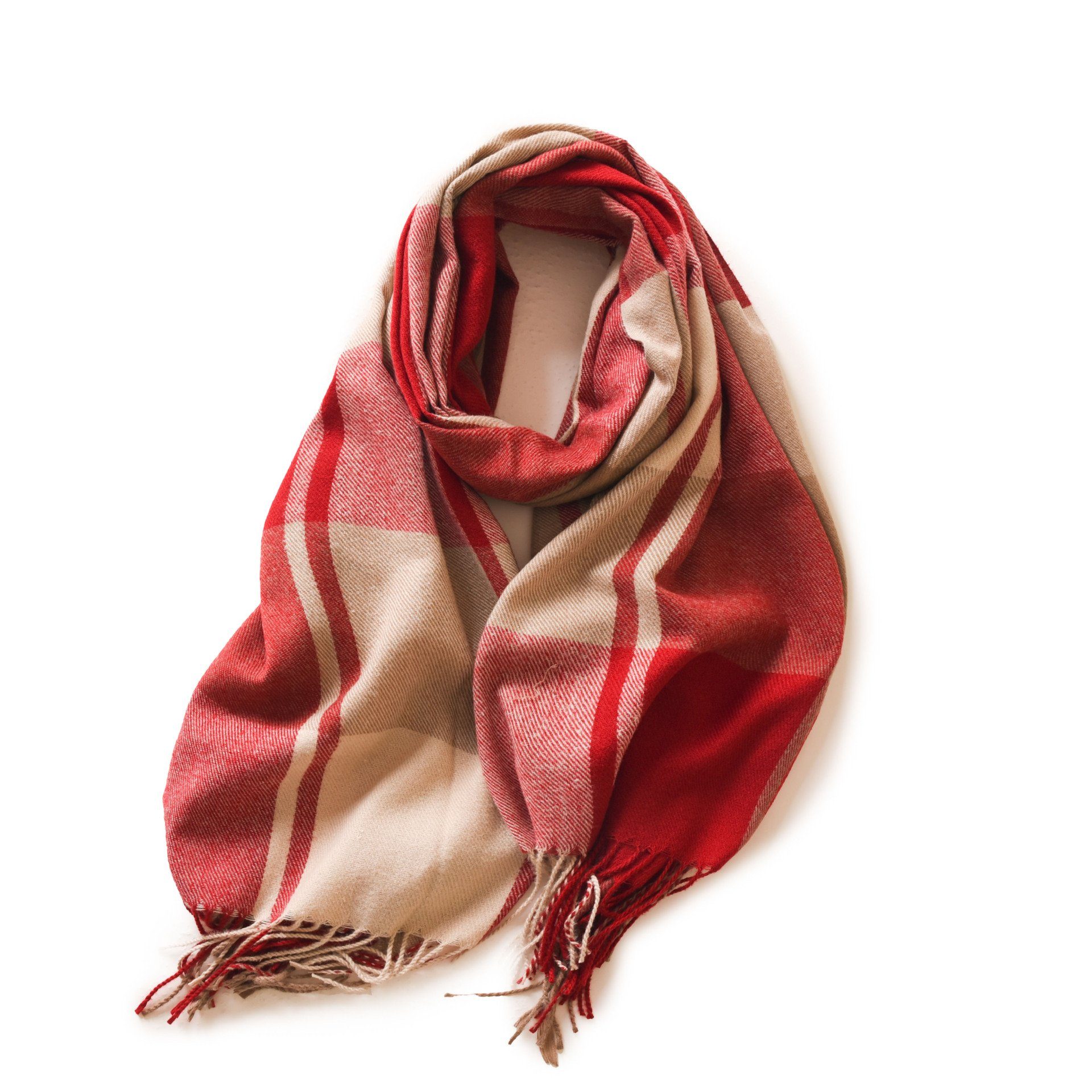SOTOR Wollschal Damen Schal,kuschelweich Karo, (Winter Schal Poncho Qualität mit Fransen), Damen Halstuch Geschenk für Frauen in verschiedenen Farben Rot