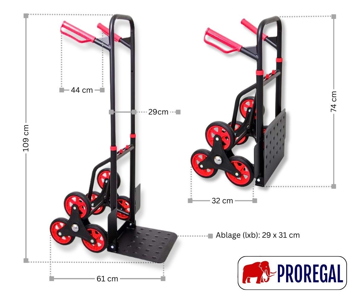 PROREGAL® Treppensackkarre TAURUS Traglast 150-250kg Stahlrahmen ergonomische Griffe Gummiräder, Stabile Sackkarre Transportkarre Staplerkarre hohe Traglast