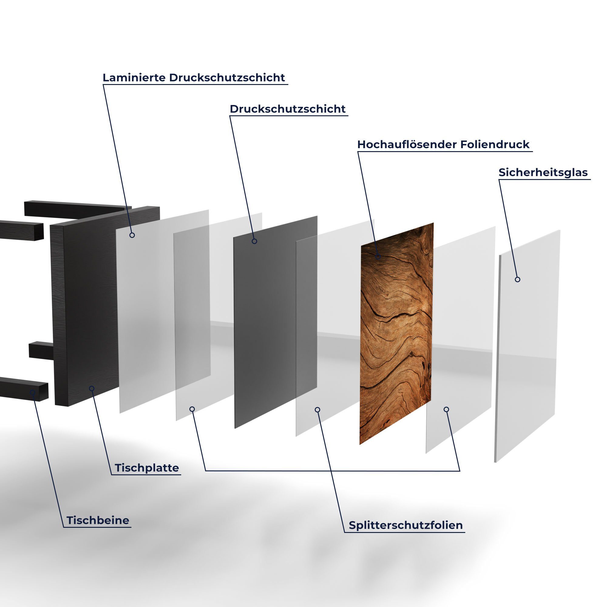 Glas DEQORI Glastisch 'Detaillierte Holzmaserung', Beistelltisch Schwarz modern Couchtisch