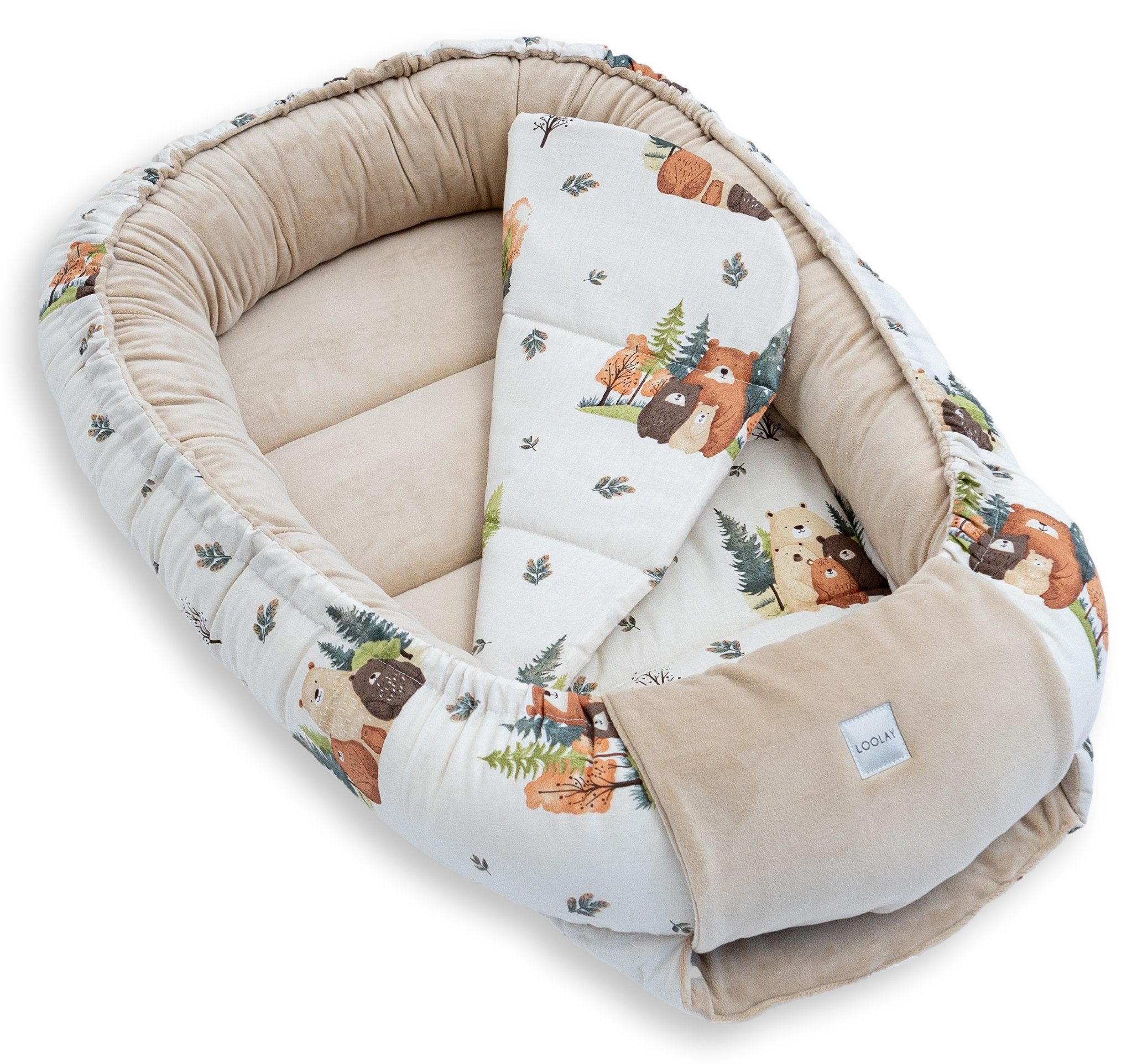 Loolay Kuschelnest BABYNEST 5 TLG. Set PREMIUM Babyausstattung Baumwolle & Samt Velours, (MUSTER: BEIGE Samt Velour/ Beige Bärchen Familie, 5-tlg., Liebevoll ha – Bild 4 von 5