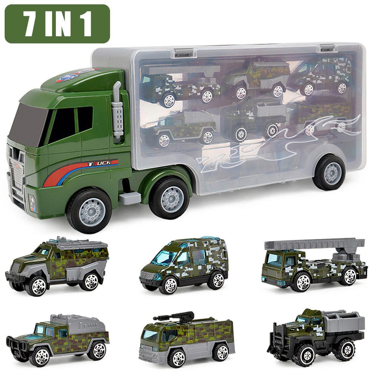 Cbei Spielzeug-Transporter Spielzeug-Transporter Spielzeug-Abschlepper7-in-1 LKW Tragekoffer grün, (34*9.5*14.5cm, 6 Räder für den Fahrbetrieb und die Sitzstabilisierung), 7 Stück (1X großer Bagger, 6X Alu-LKW)