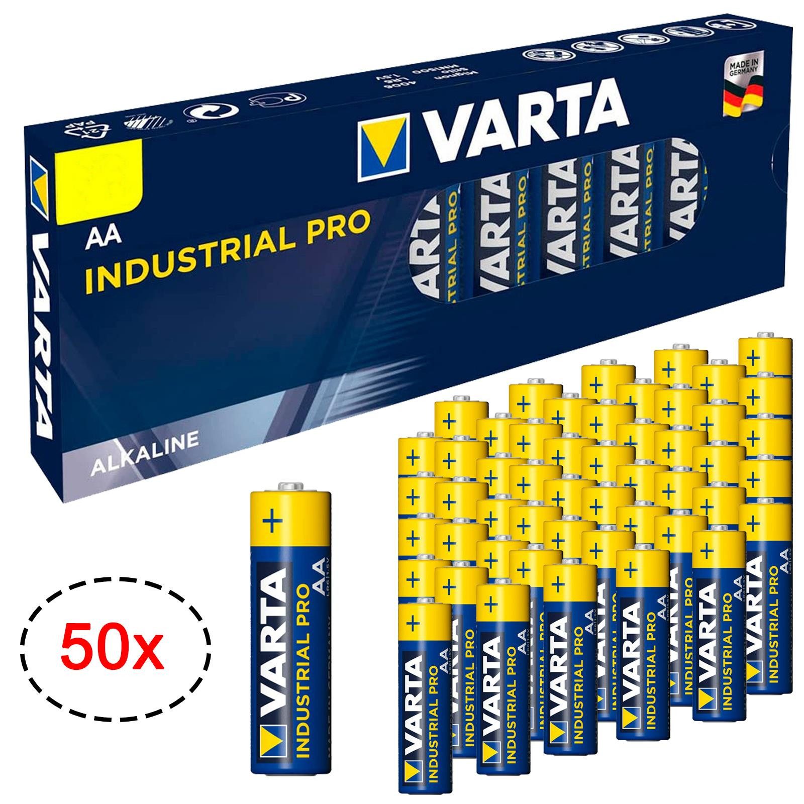 VARTA 50er Pack AA Industrial Alkaline Mignon Batterie, (1,5 V, 50 St), Made in Germany Batterien 1,5V für Taschenlampe Spielzeug Wand Uhr