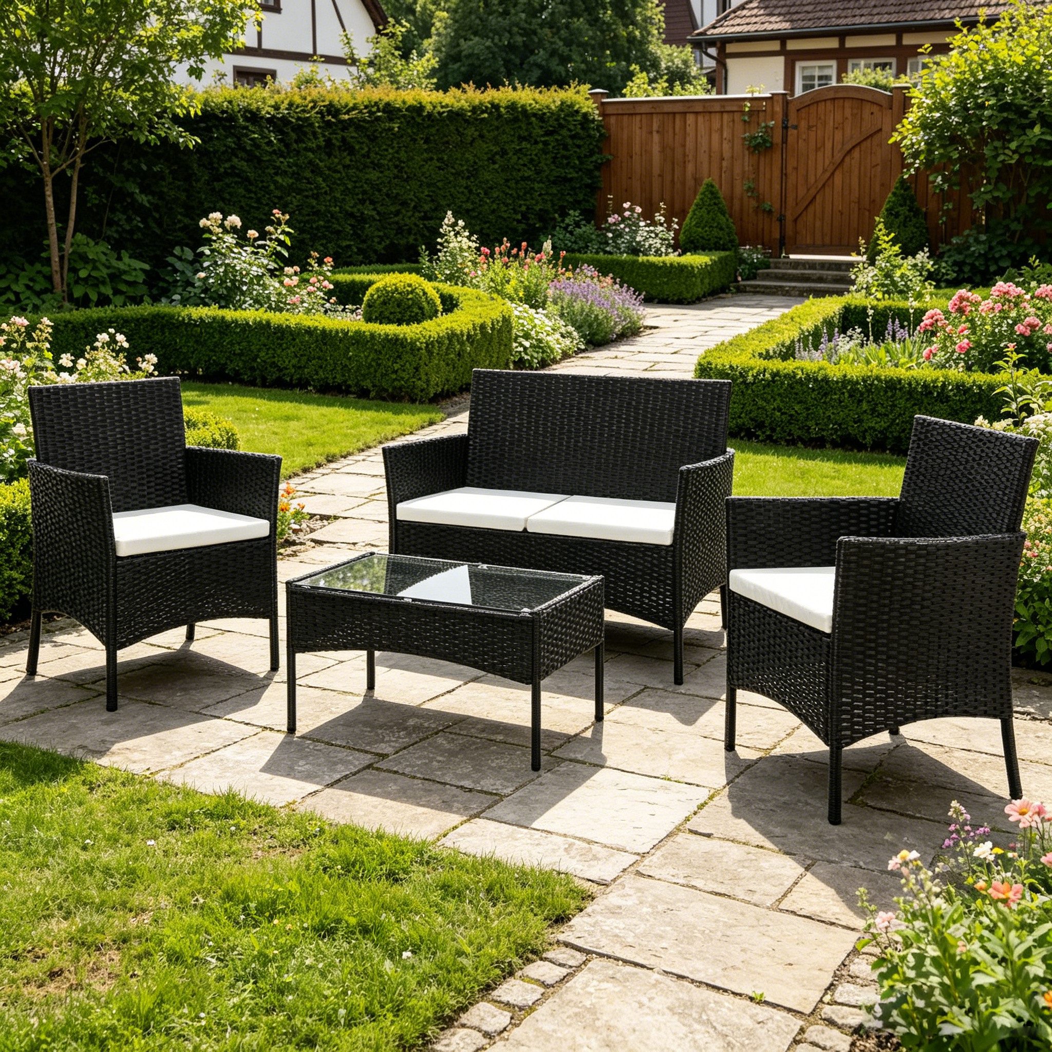 LEADZM Gartenlounge-Set 4-tlg Gartenlounge-Set, 2 Gartenstuhl, 1 Sofa, 1 Gartentisch, Gartenlounge – Bild 3 von 5